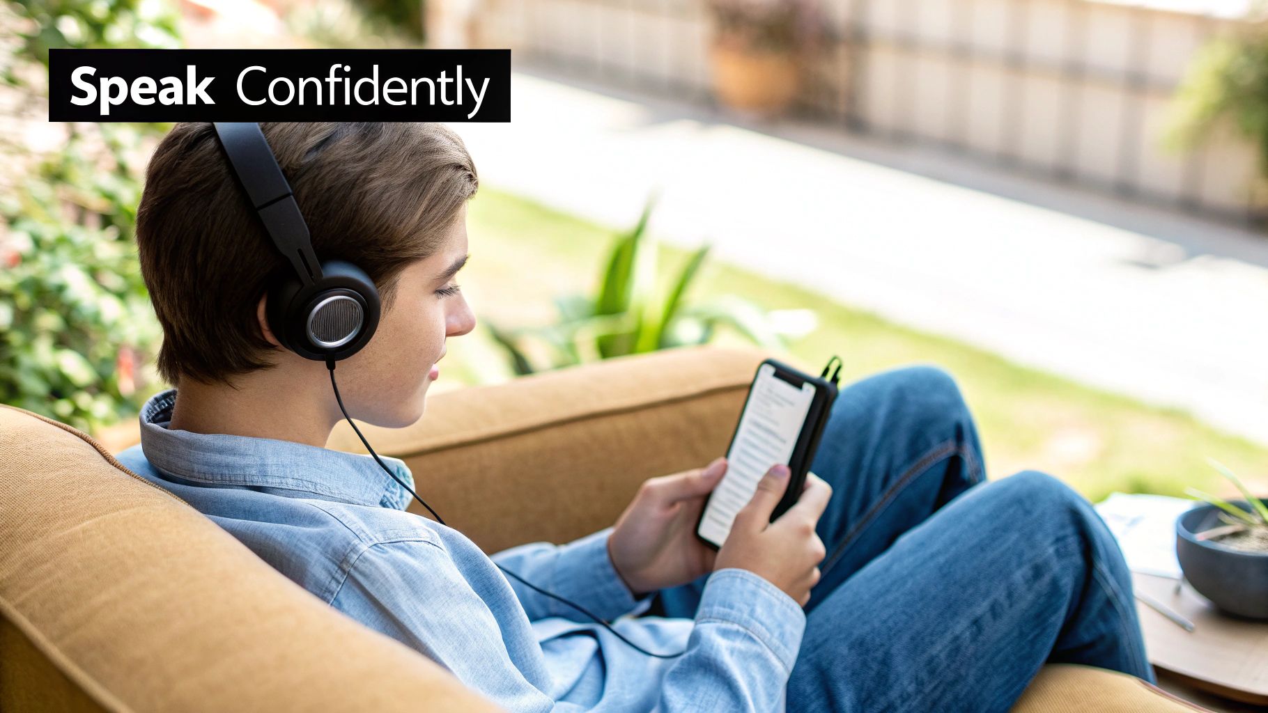 Young person with headphones listening to audio on a smartphone, with 'Speak Confidently' text overlay.