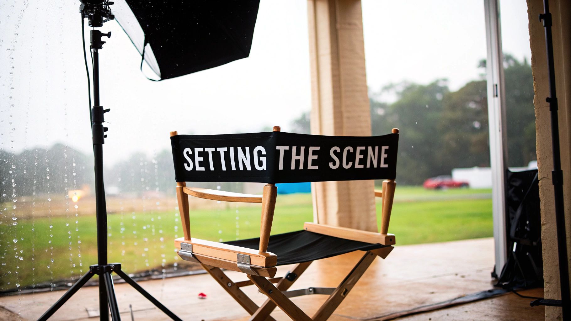 A director's chair with 'SETTING THE SCENE' on its back, viewed through a rainy window, alongside film equipment.