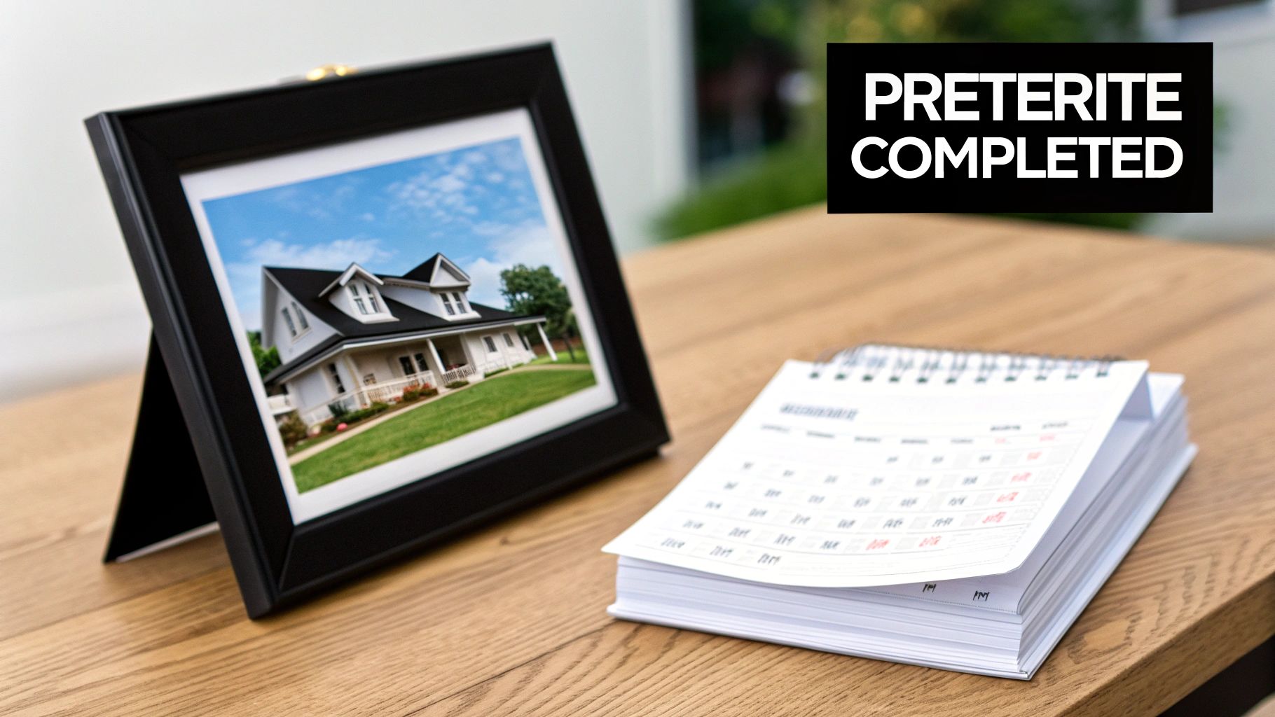A framed photo of a white house with a green lawn and a calendar on a wooden table, featuring "PRETERITE COMPLETED" text.