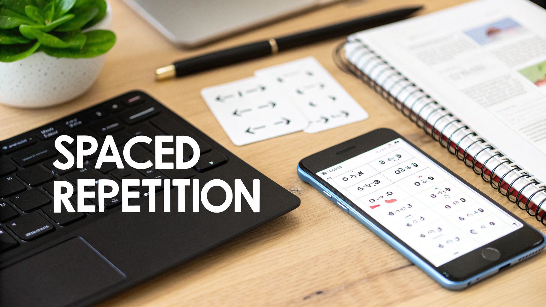 A desk with a laptop, smartphone, and flashcards, illustrating the concept of spaced repetition for learning.