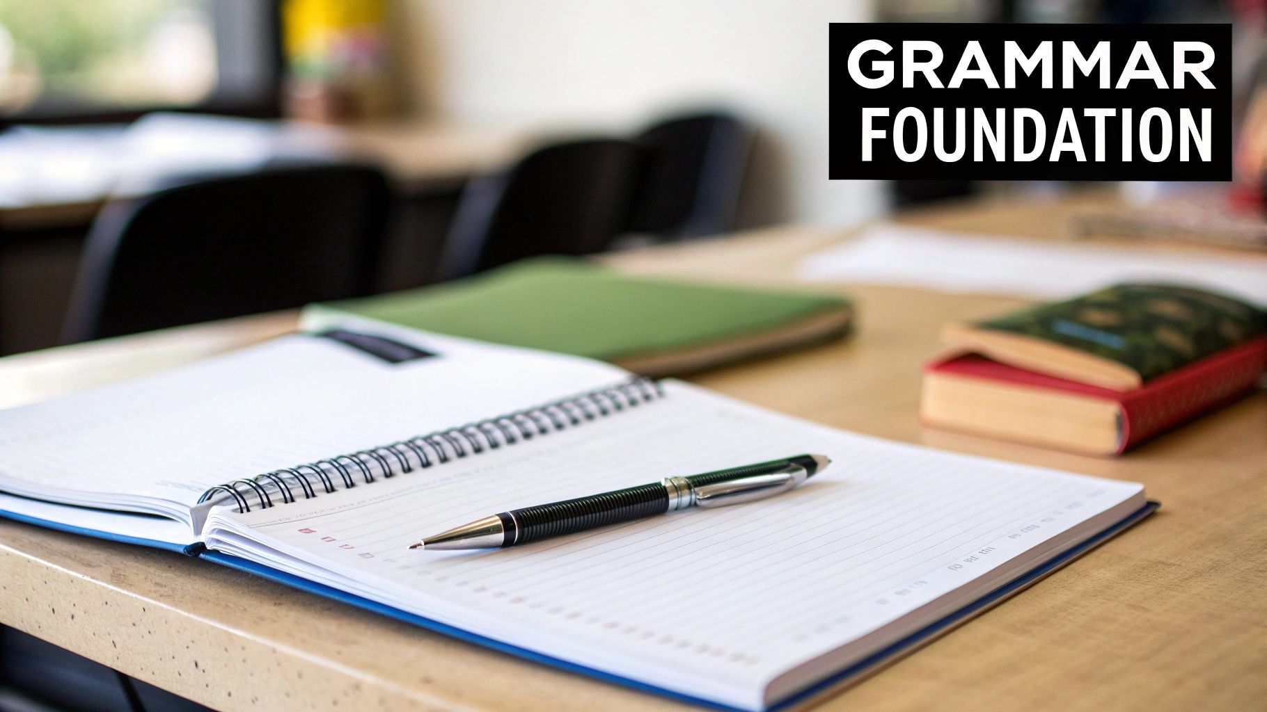 An open notebook with a pen and 'Grammar Foundation' text on a table, symbolizing language learning.