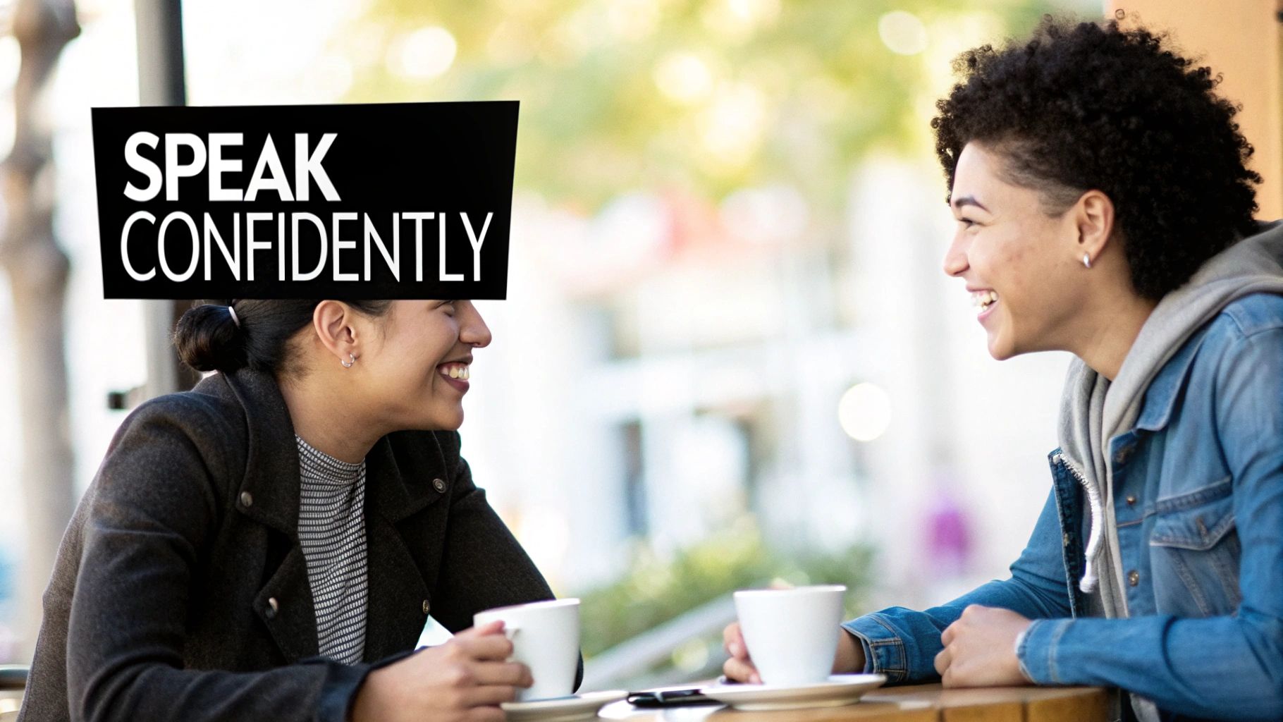 Two women smiling and conversing at a cafe, with text 'SPEAK CONFIDENTLY' above.