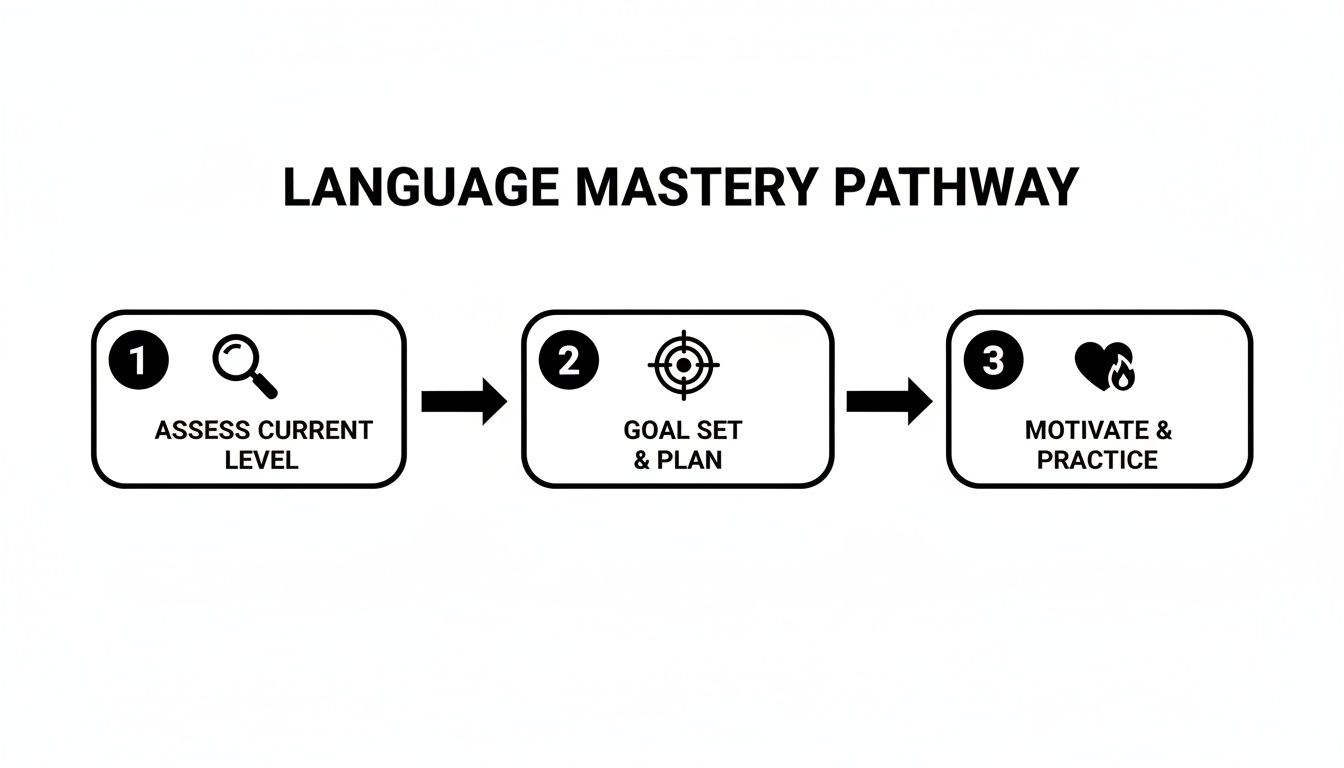 A three-step diagram outlining the language mastery pathway: assess, goal set, and practice.