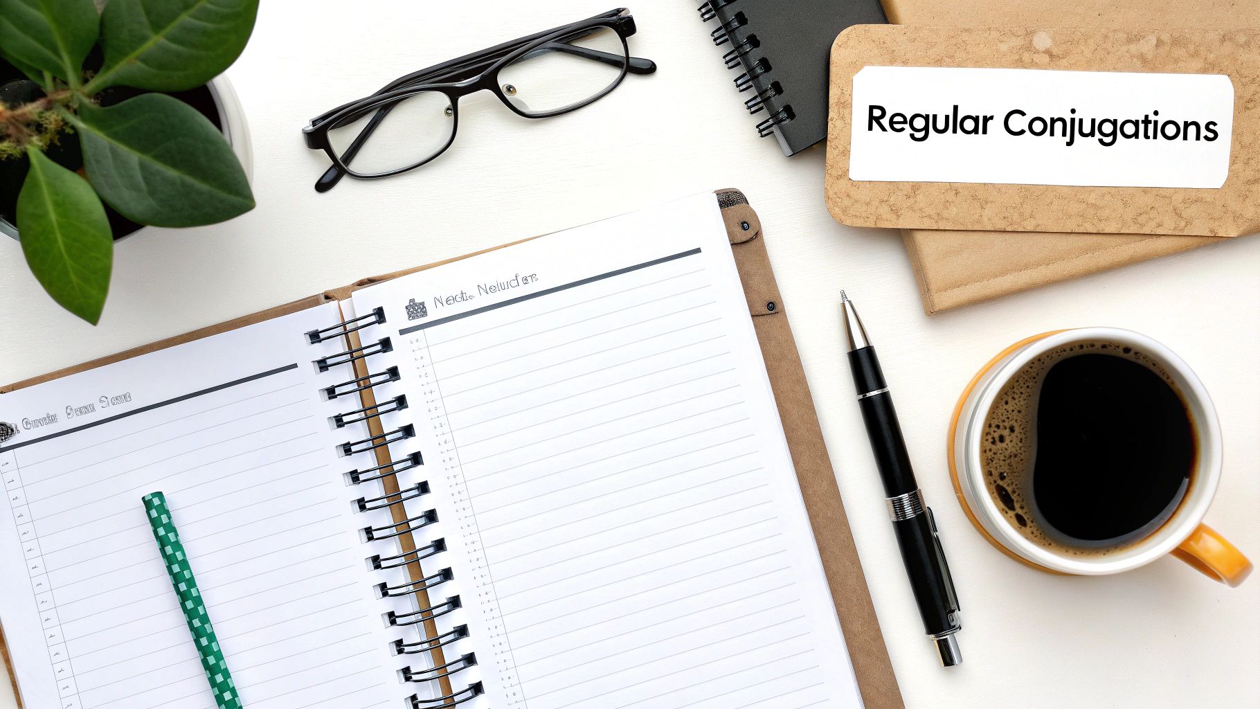 A flat lay of a desk with an open notebook, pen, coffee, glasses, and a label saying 'Regular Conjugations'.
