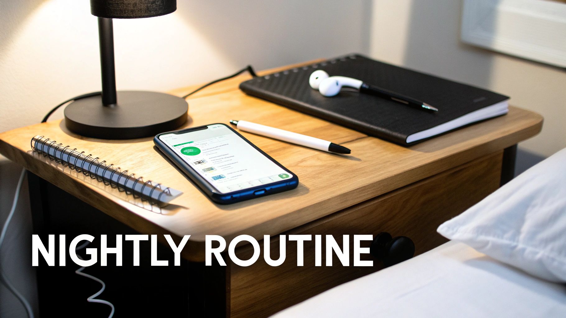 A nightstand with a lamp, phone, notebook, pen, and earbuds, illustrating a nightly routine.
