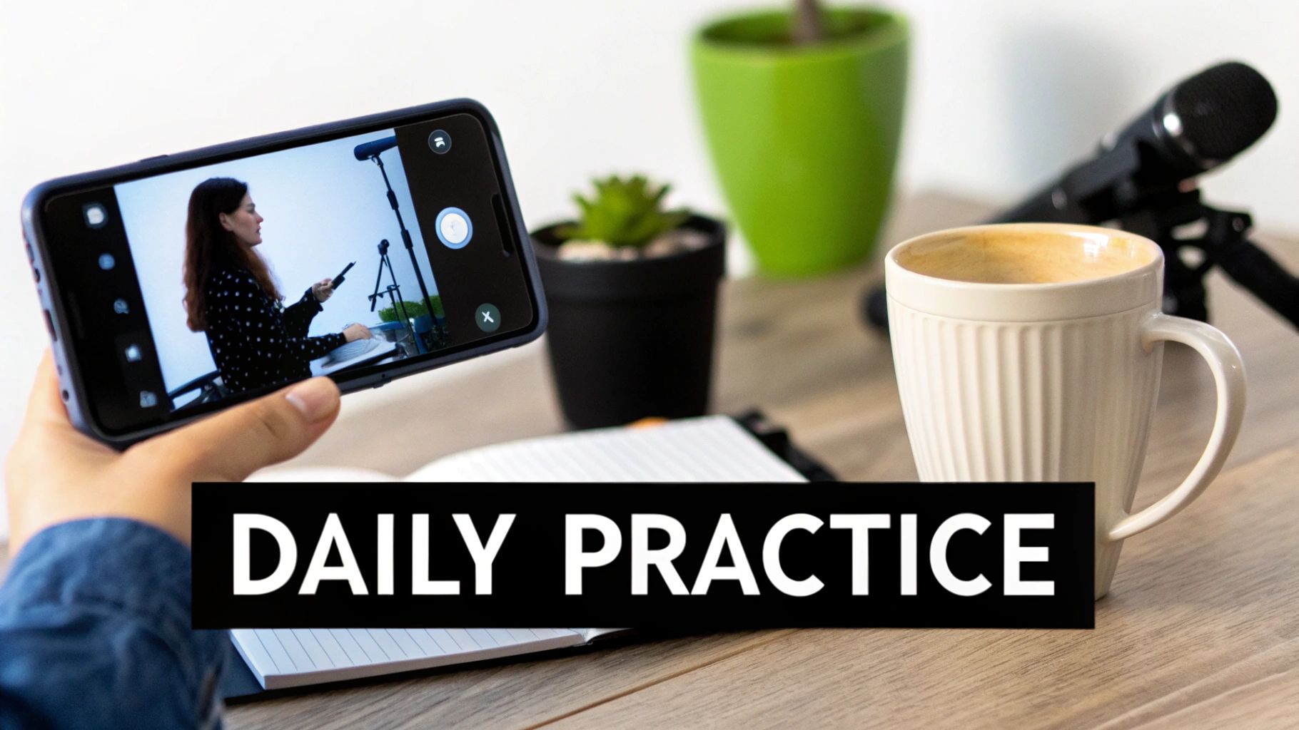 A hand holds a phone recording a woman practicing speaking on a desk with coffee and plants.