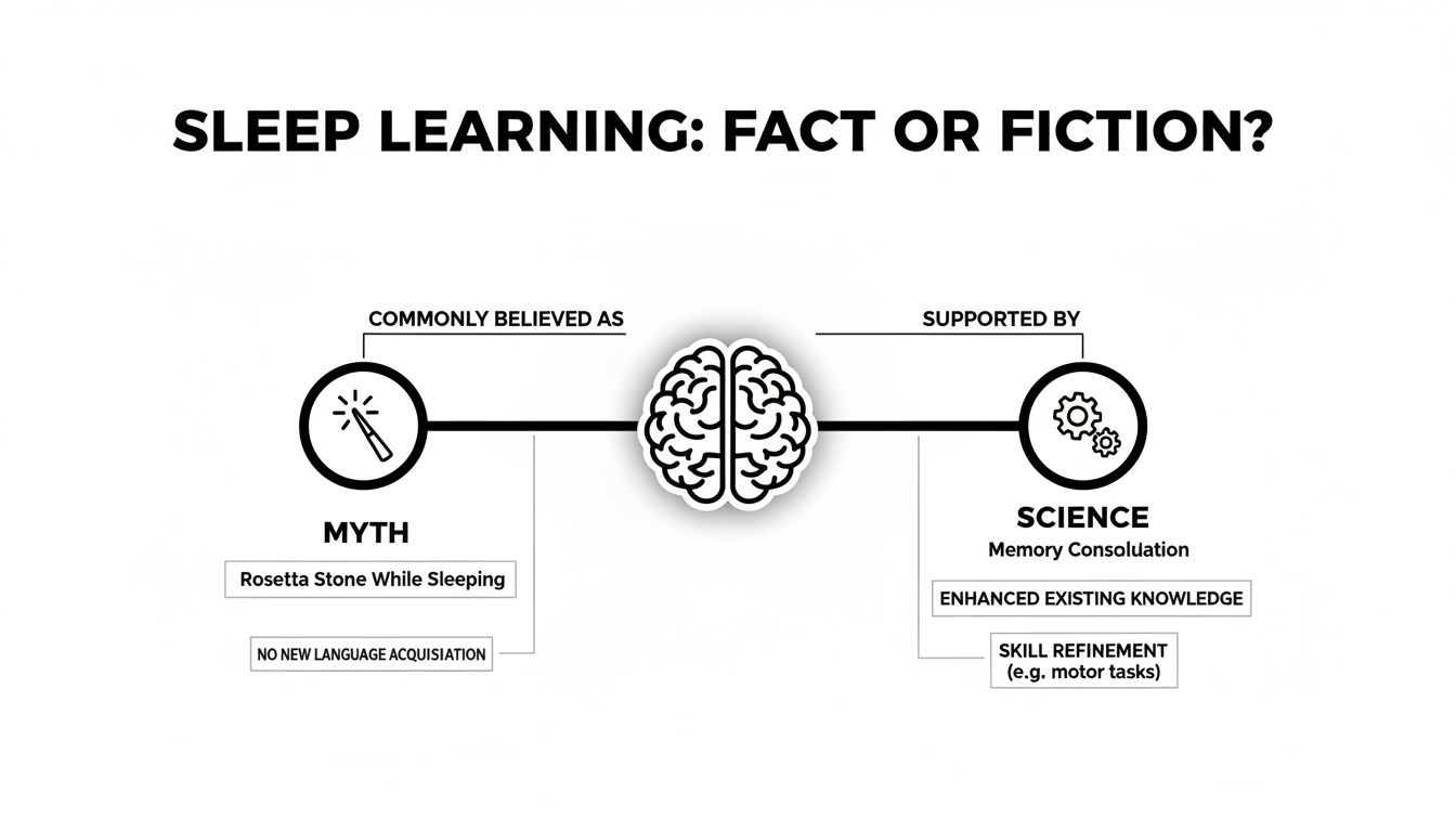 A diagram contrasting sleep learning myths like new language acquisition with scientific facts on memory consolidation.