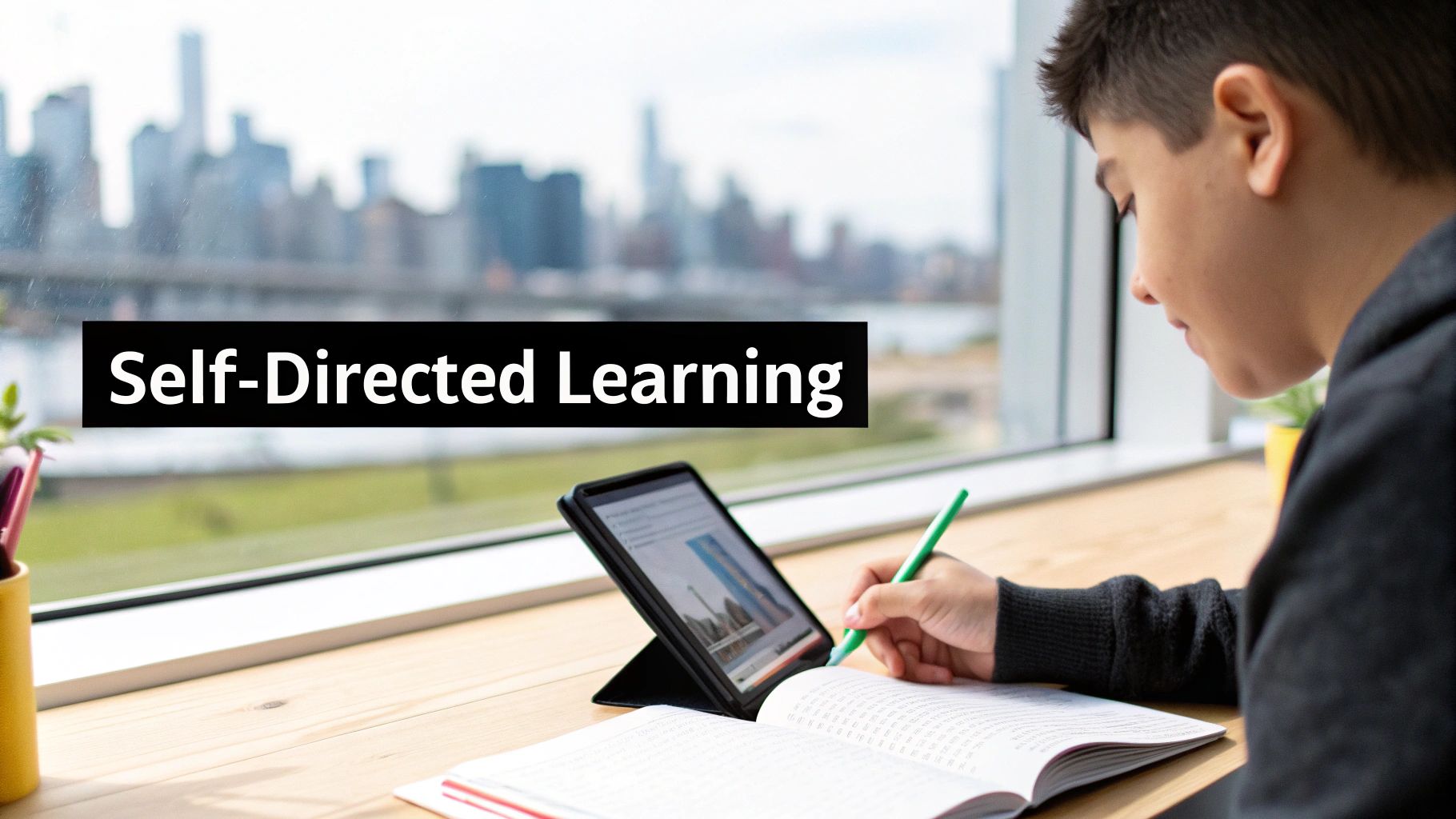 A young boy engaged in self-directed learning, writing in a notebook with a tablet nearby, city view outside.