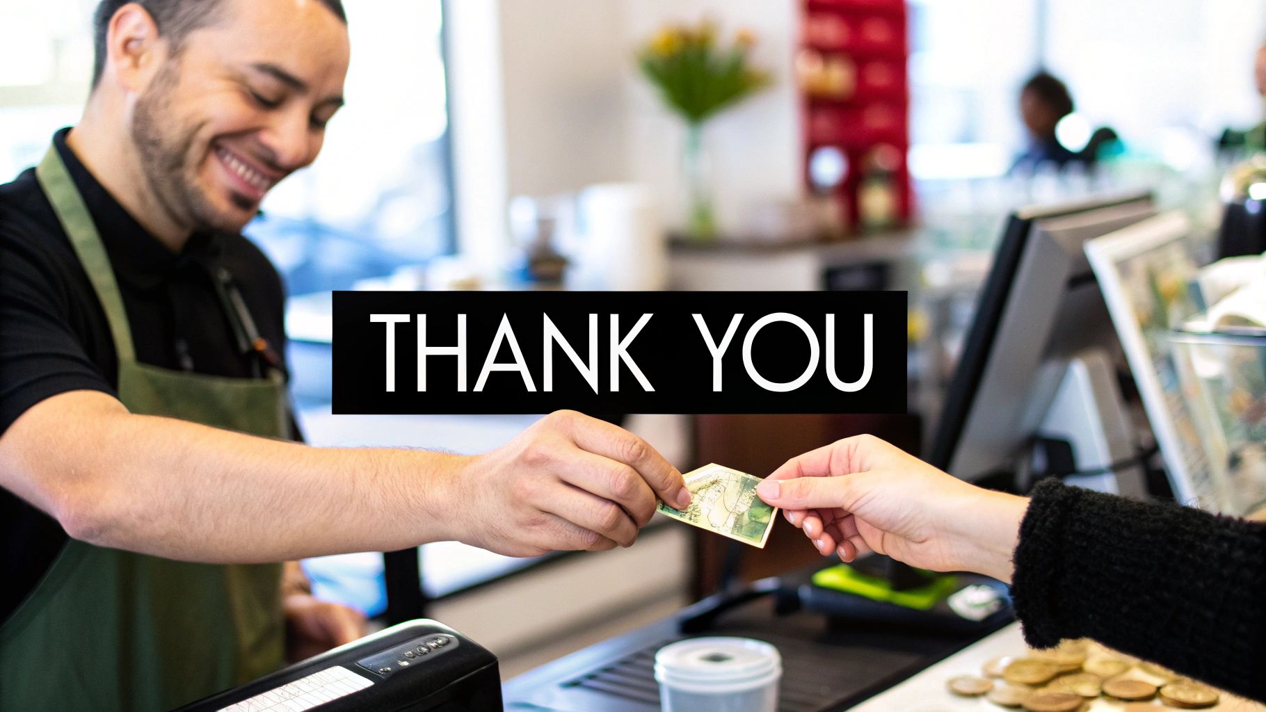 A smiling barista hands money to a customer at a counter, with a 'THANK YOU' overlay.