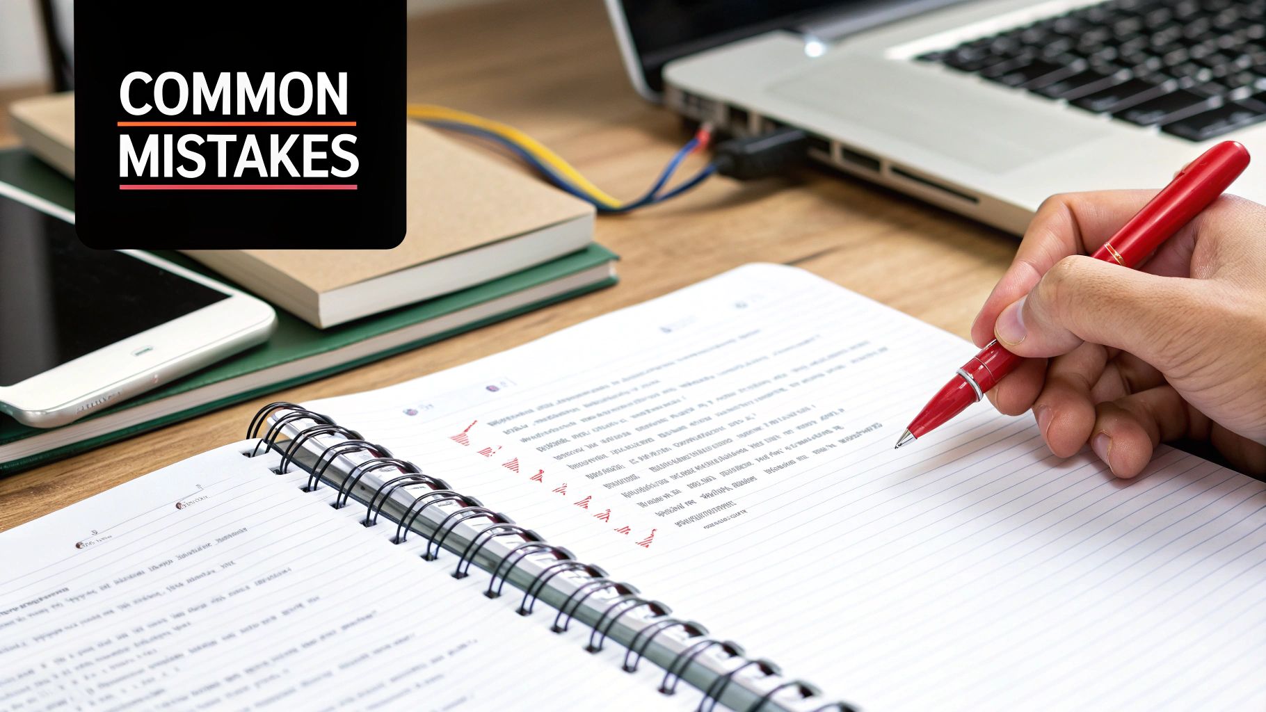 Hand writing in a notebook on a desk with a laptop, books, and a 'COMMON MISTAKES' sign.
