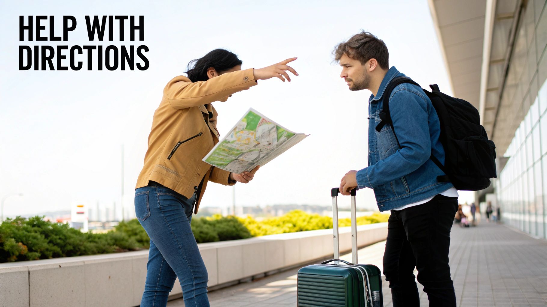 A woman holding a map points directions to a man with a suitcase and backpack.