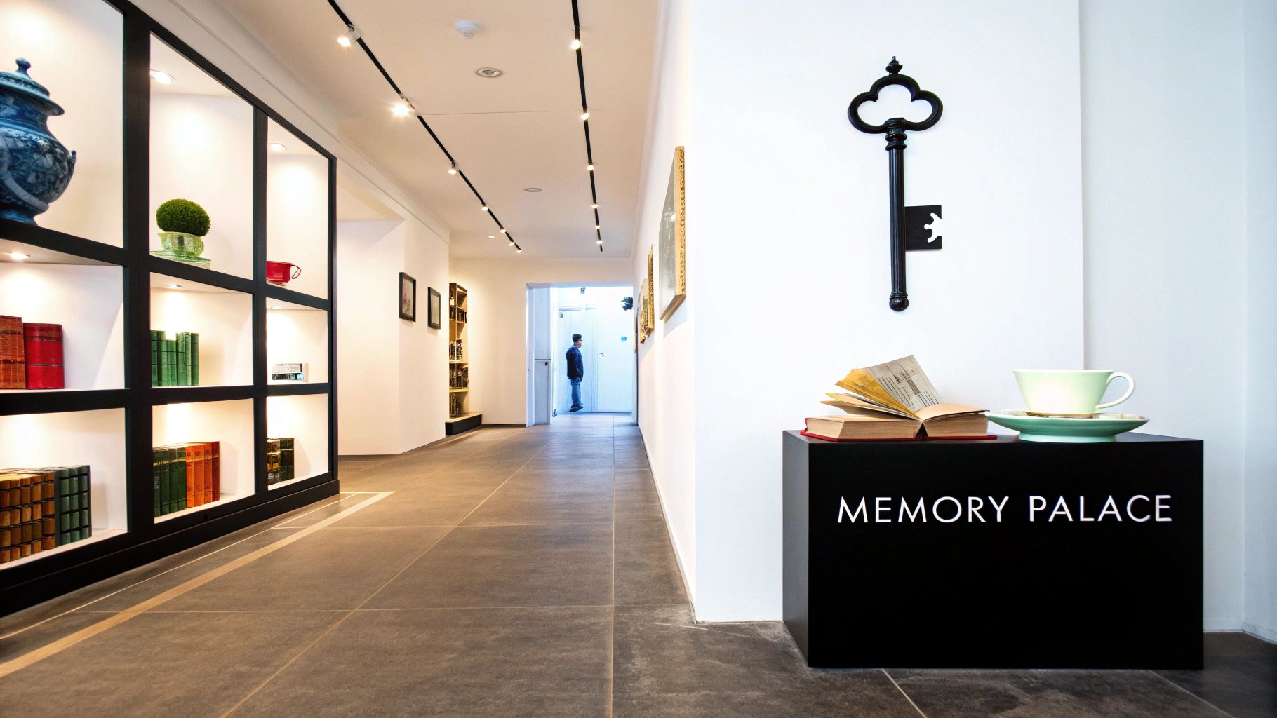 A brightly lit hallway showcasing a memory palace display with books, a teacup, and a large key.