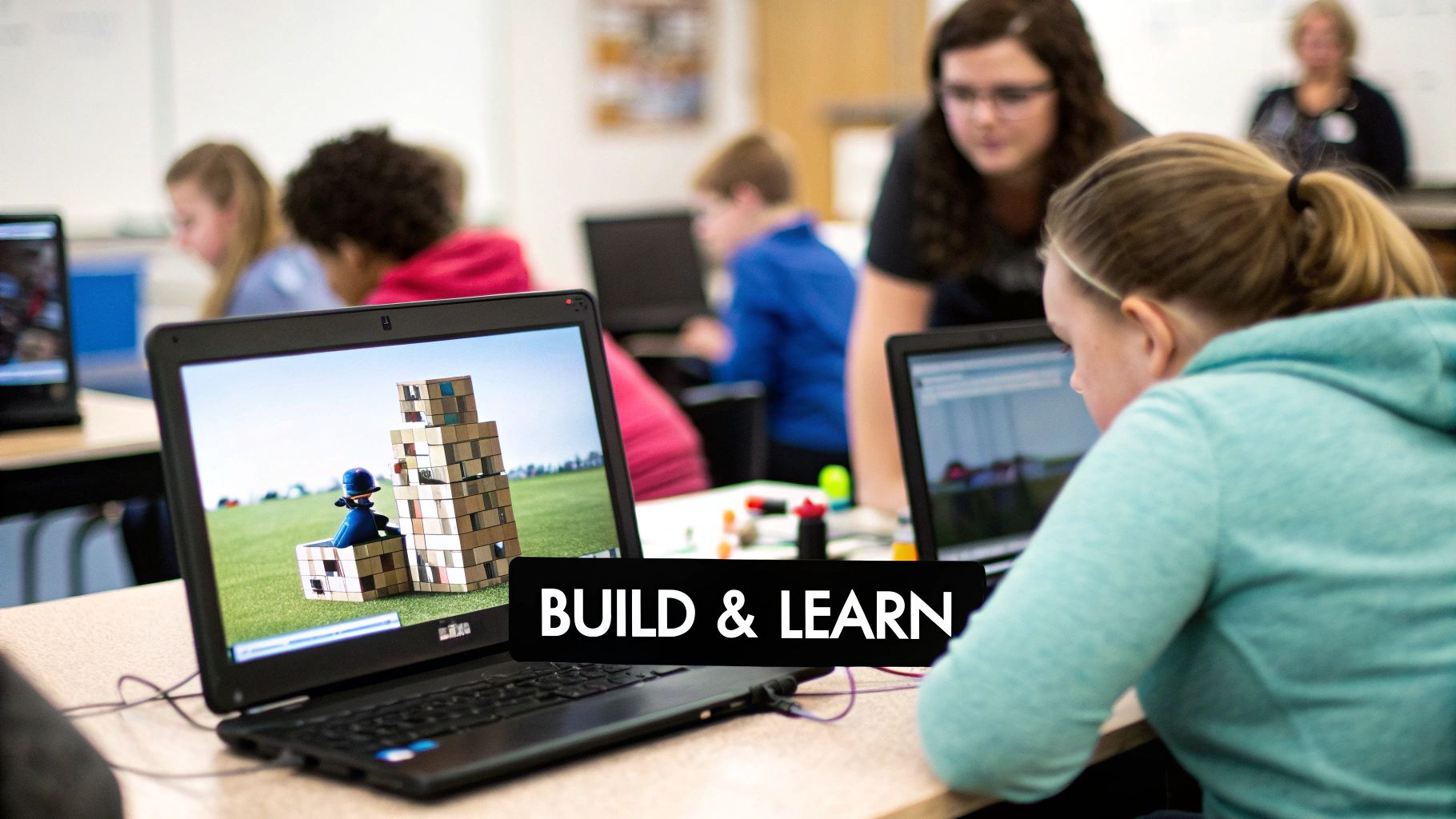 Students in a classroom working on laptops, one screen shows a game-like building activity.