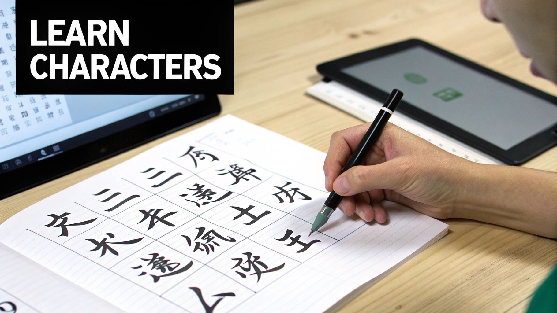 A person practices writing Chinese characters with a pen on a notebook, with digital learning tablets.