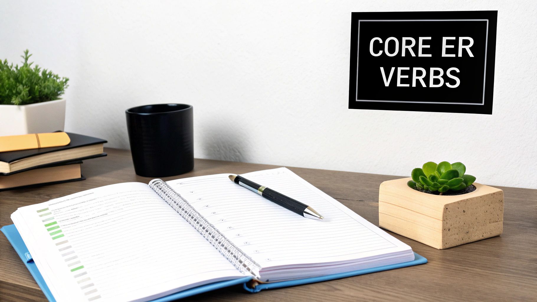A clean desk setup featuring an open notebook, pen, potted plants, and a sign titled 'CORE ER VERBS'.