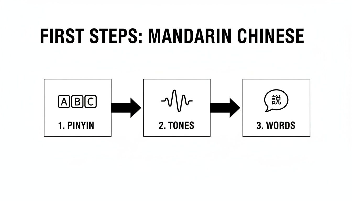 Visual guide illustrating the fundamental first steps for learning Mandarin Chinese, covering Pinyin, Tones, and Words.