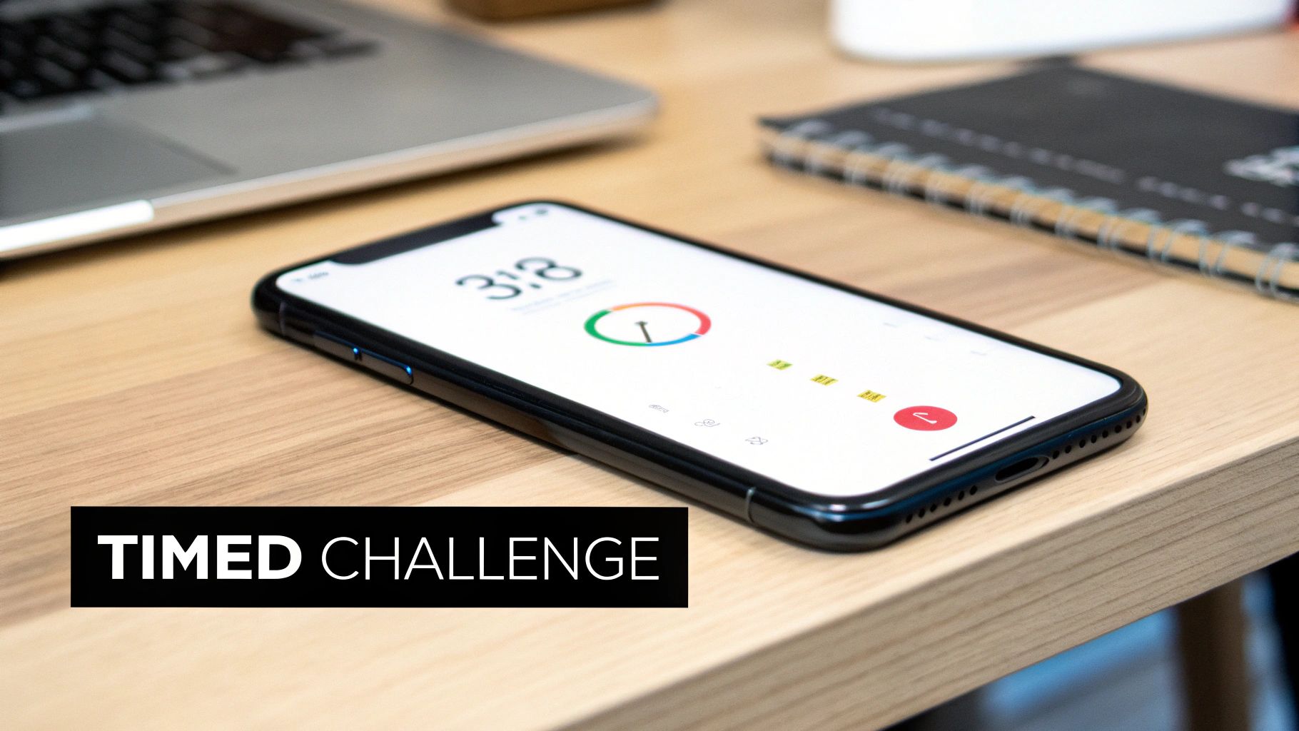 A smartphone displaying a 3:18 timer on a wooden desk, symbolizing a timed challenge or focus.