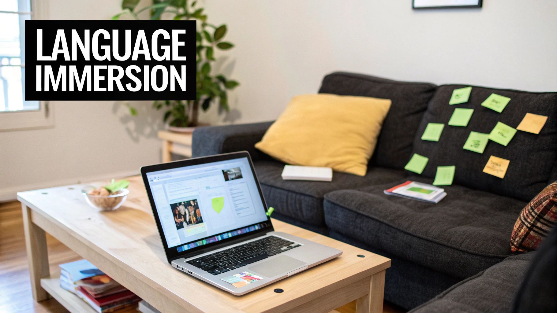 A living room with a laptop on a coffee table and a sofa covered in sticky notes, with 'LANGUAGE IMMERSION' text overlay.