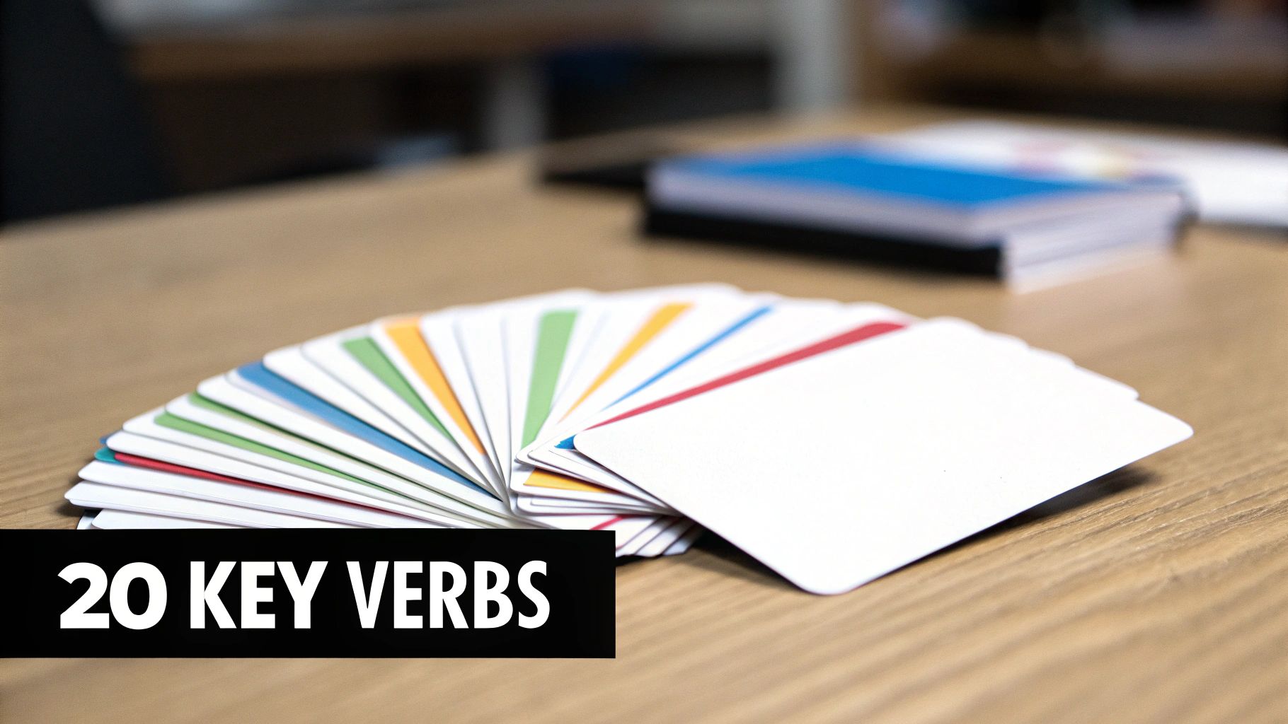 Colorful language learning flashcards fanned out on a wooden table, with '20 KEY VERBS' text.