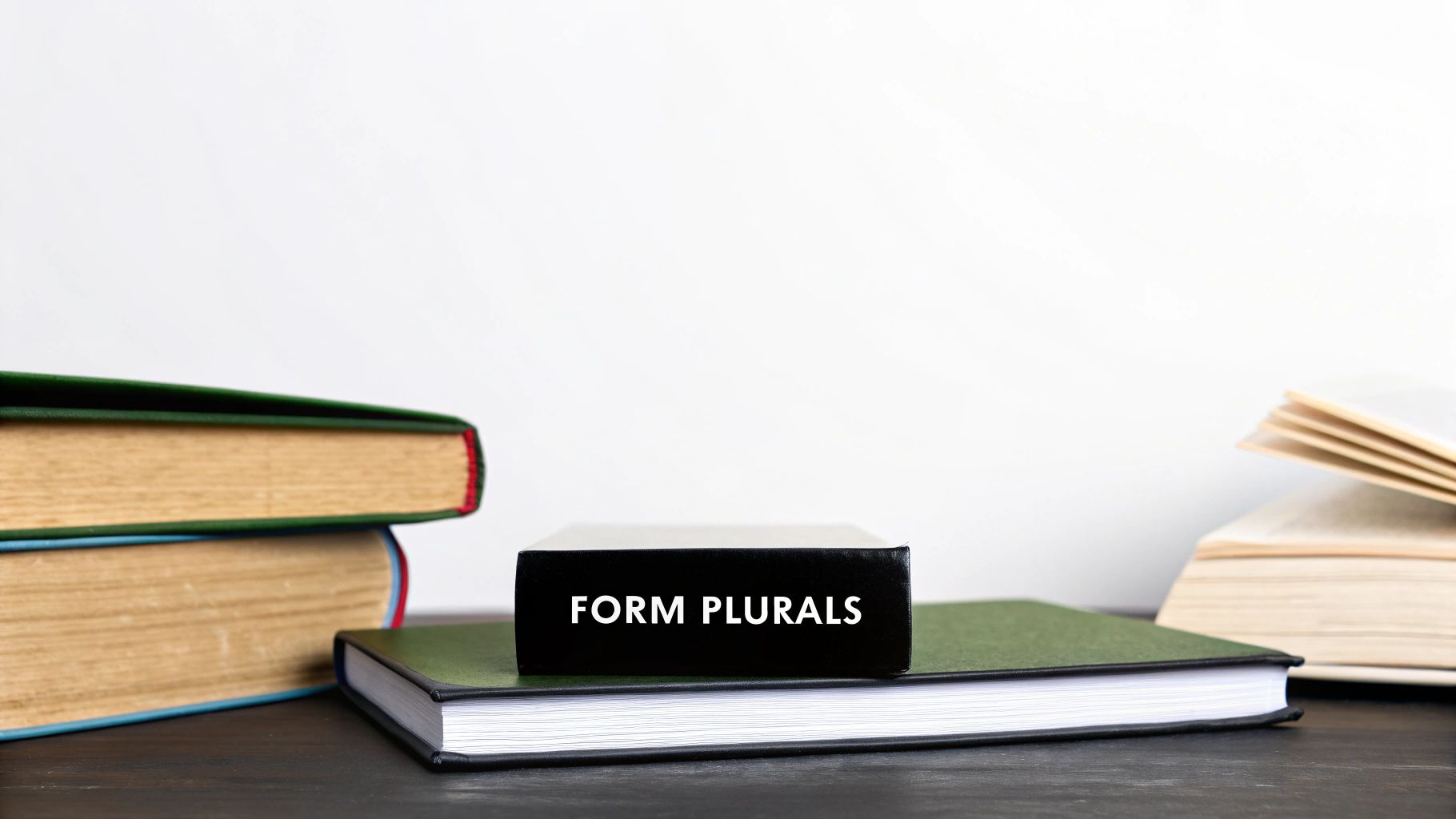 Close-up of books on a table, with a black book titled 'FORM PLURALS' prominently displayed.