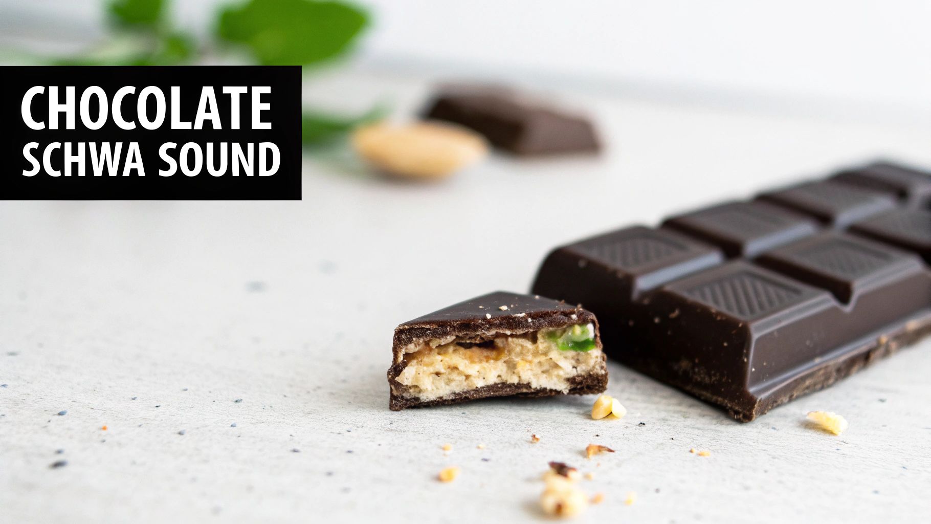 A dark chocolate bar and a broken piece showing a creamy filling with green specks, on a light surface.