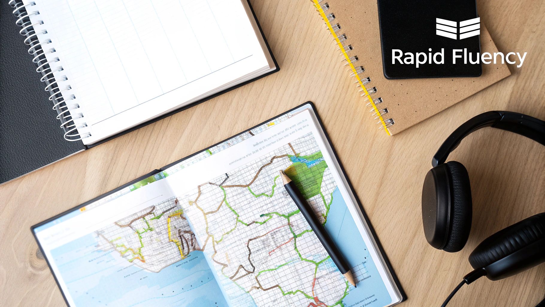 Flat lay of various learning tools including notebooks, a map, headphones, and a smartphone on a wooden desk.