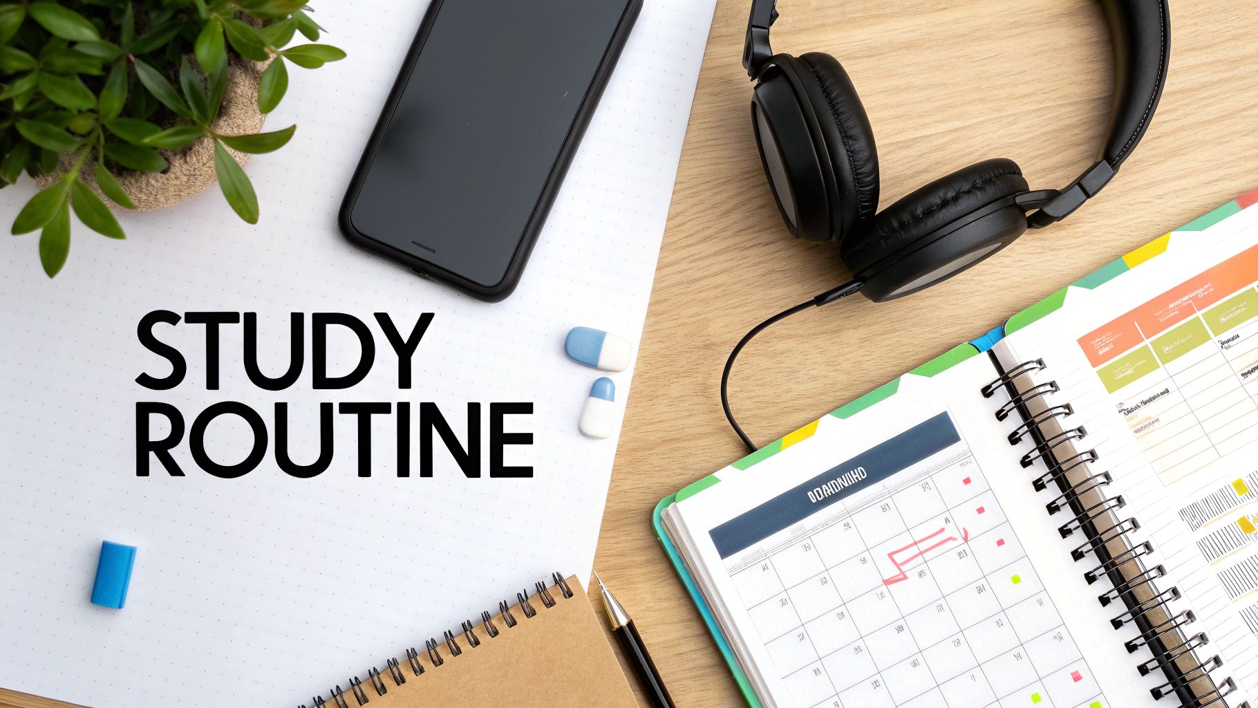 Flat lay of a study desk with a planner, headphones, smartphone, notebook, and 'STUDY ROUTINE' text.