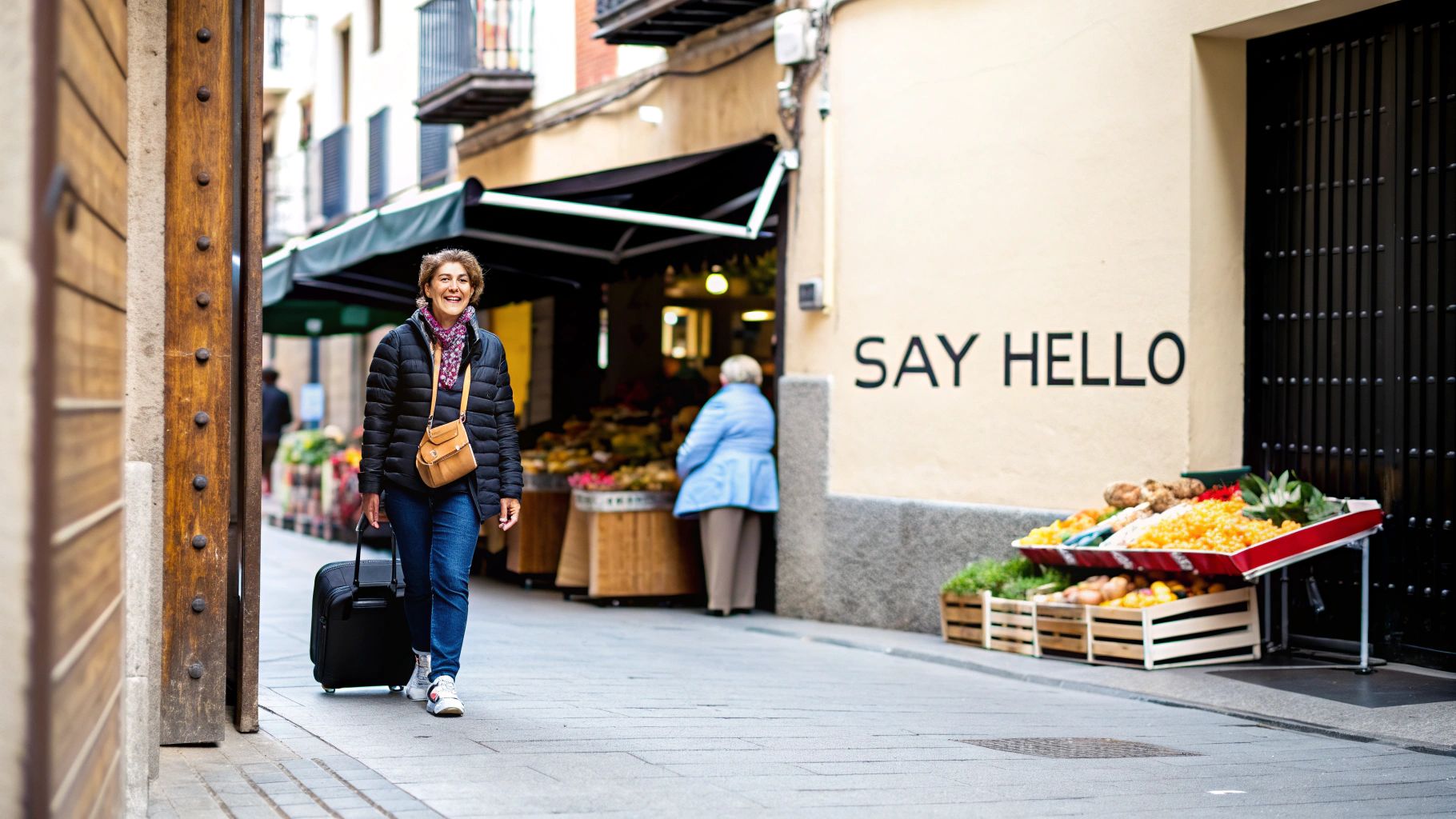 A happy woman pulling a suitcase walks past fruit stands and a shop with "SAY HELLO".