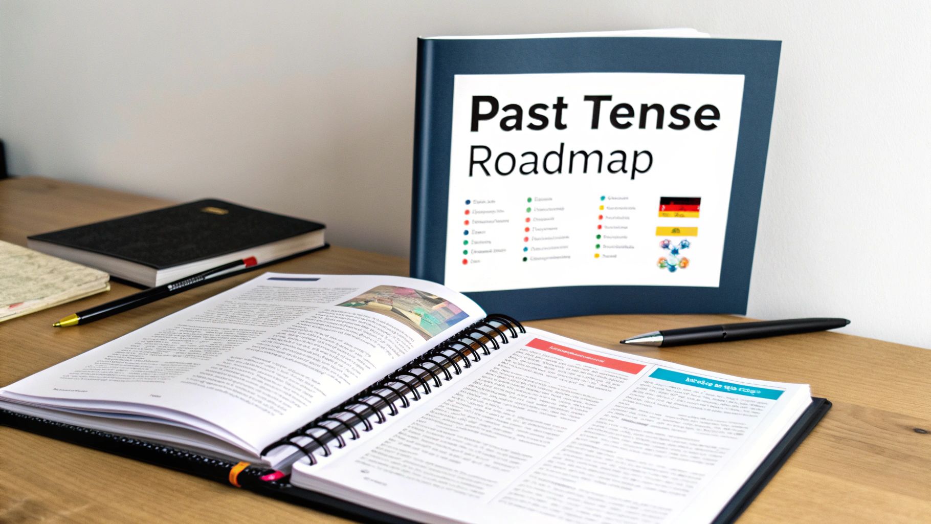 A study desk with a 'Past Tense Roadmap' book, an open textbook, a notebook, and pens.