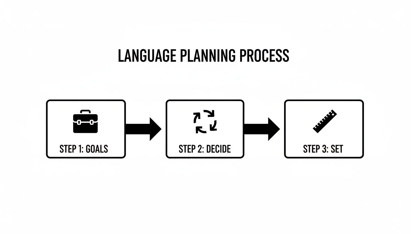 A three-step diagram outlining the language planning process: goals, decide, and set.