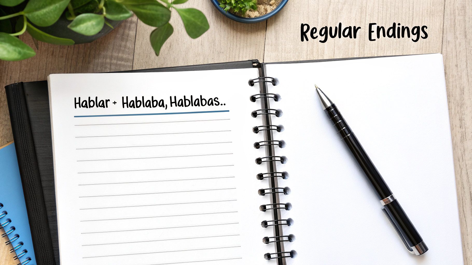 An open notebook with a pen, showing Spanish verb conjugation notes for 'Hablar' and 'Regular Endings'.