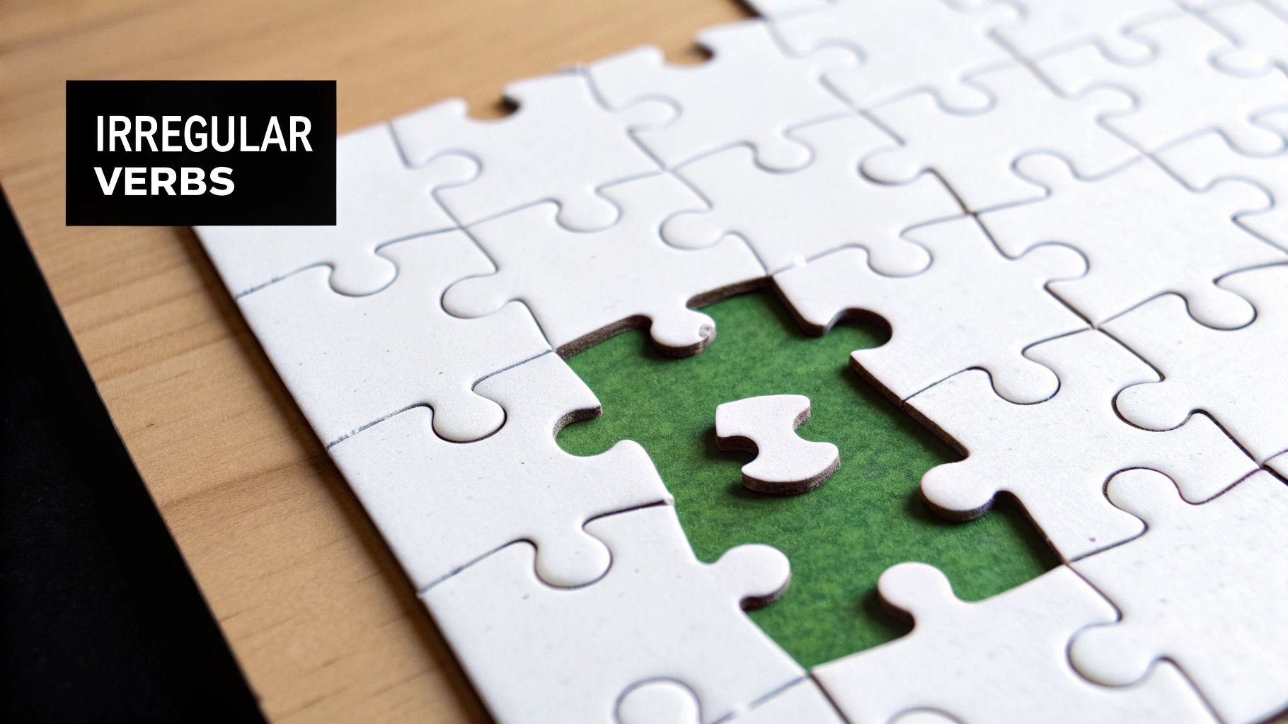 A white jigsaw puzzle with a missing piece, revealing a green surface, next to text 'Irregular Verbs'.