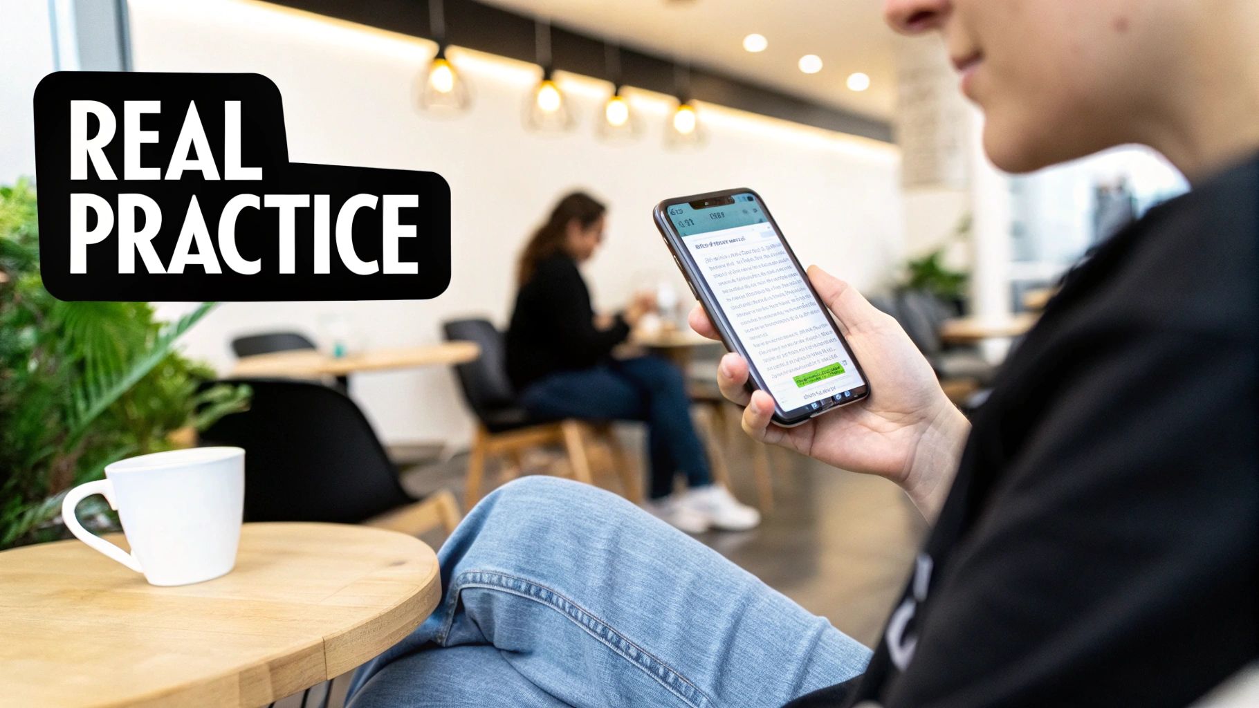 A person holds a smartphone displaying text, with 'REAL PRACTICE' text overlay, in a cafe.