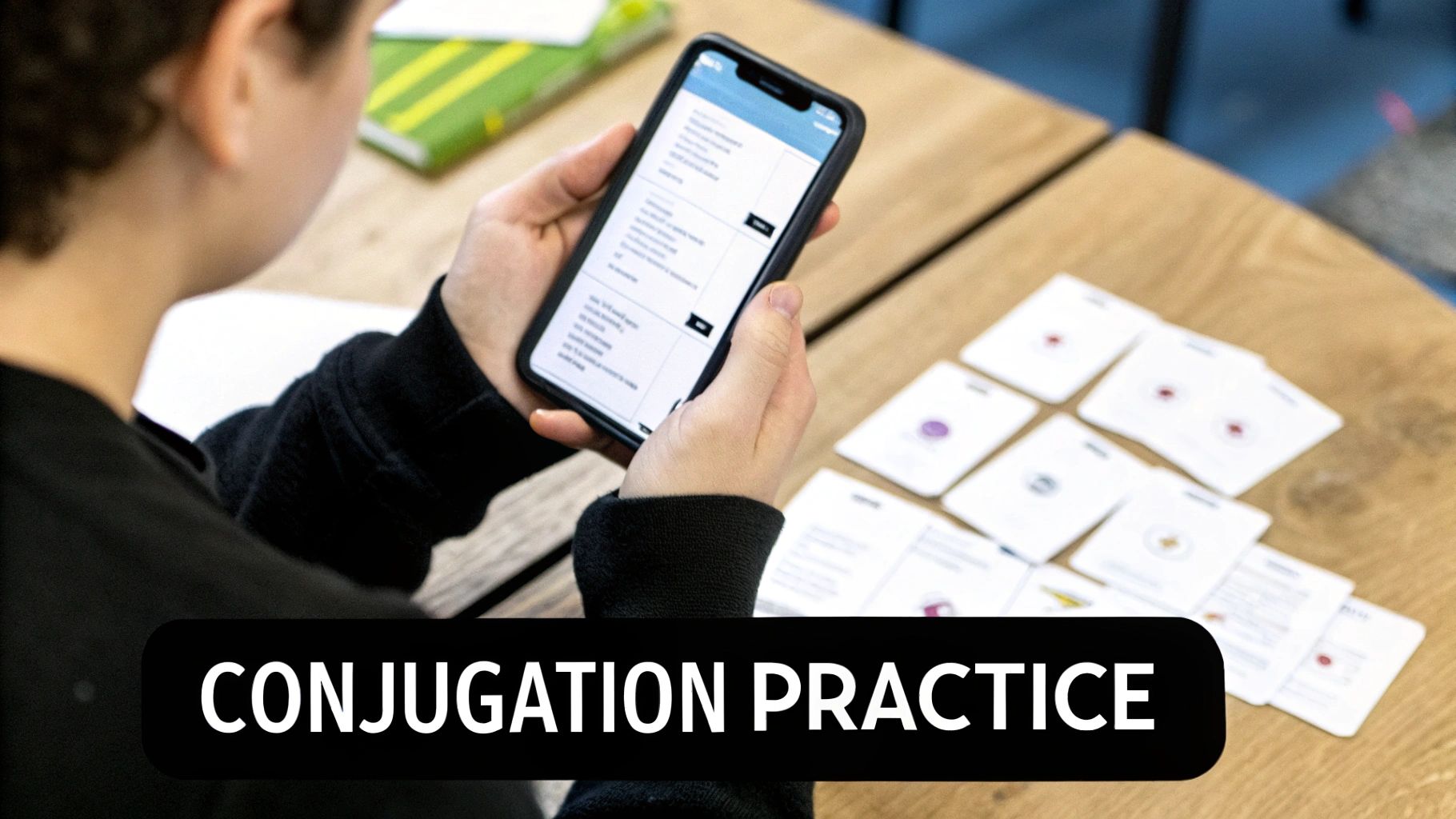 A person practices verb conjugation using a smartphone app and flashcards on a wooden table.