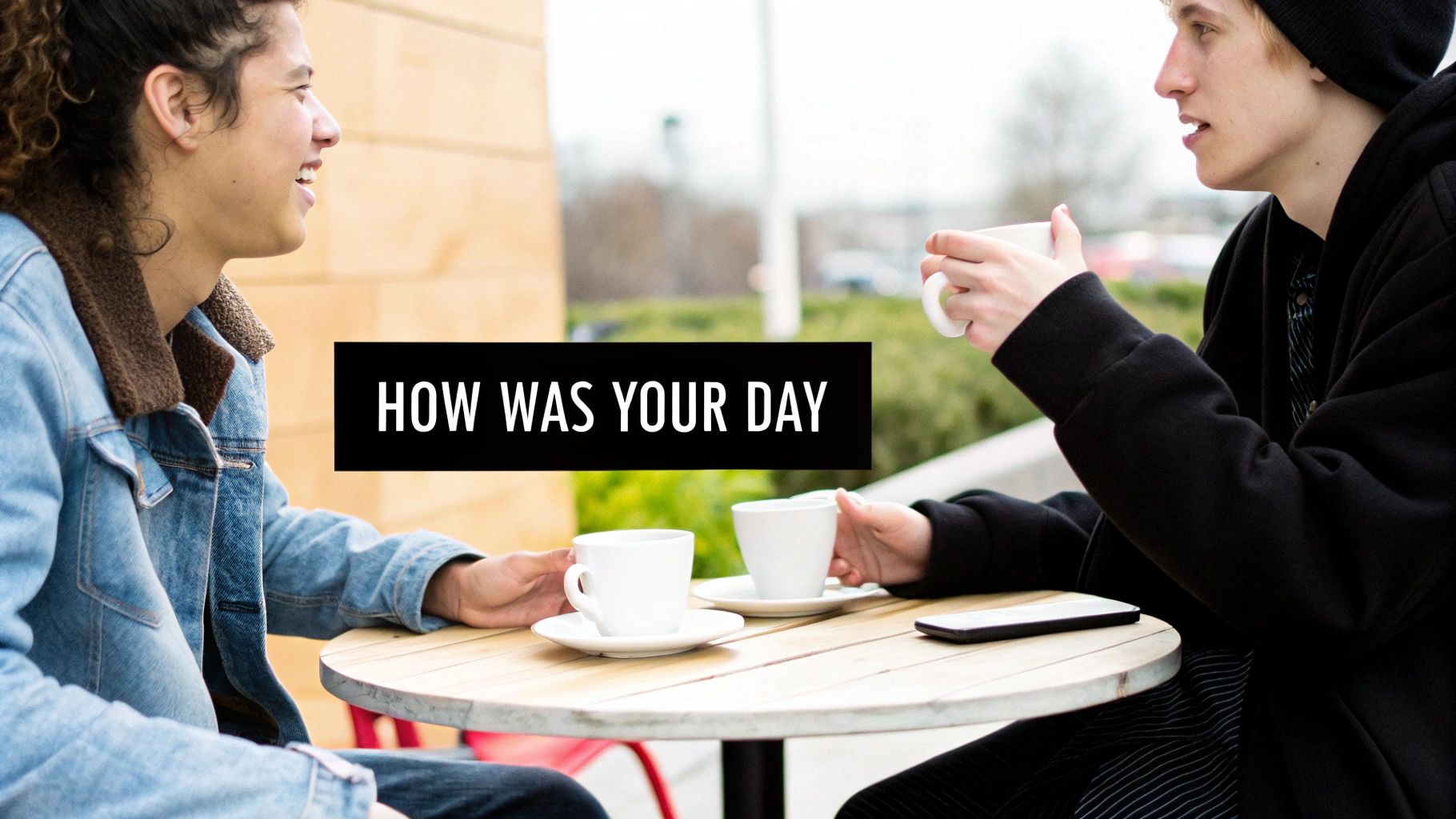 Two young men chat over coffee at an outdoor table, displaying the text 'HOW WAS YOUR DAY'.
