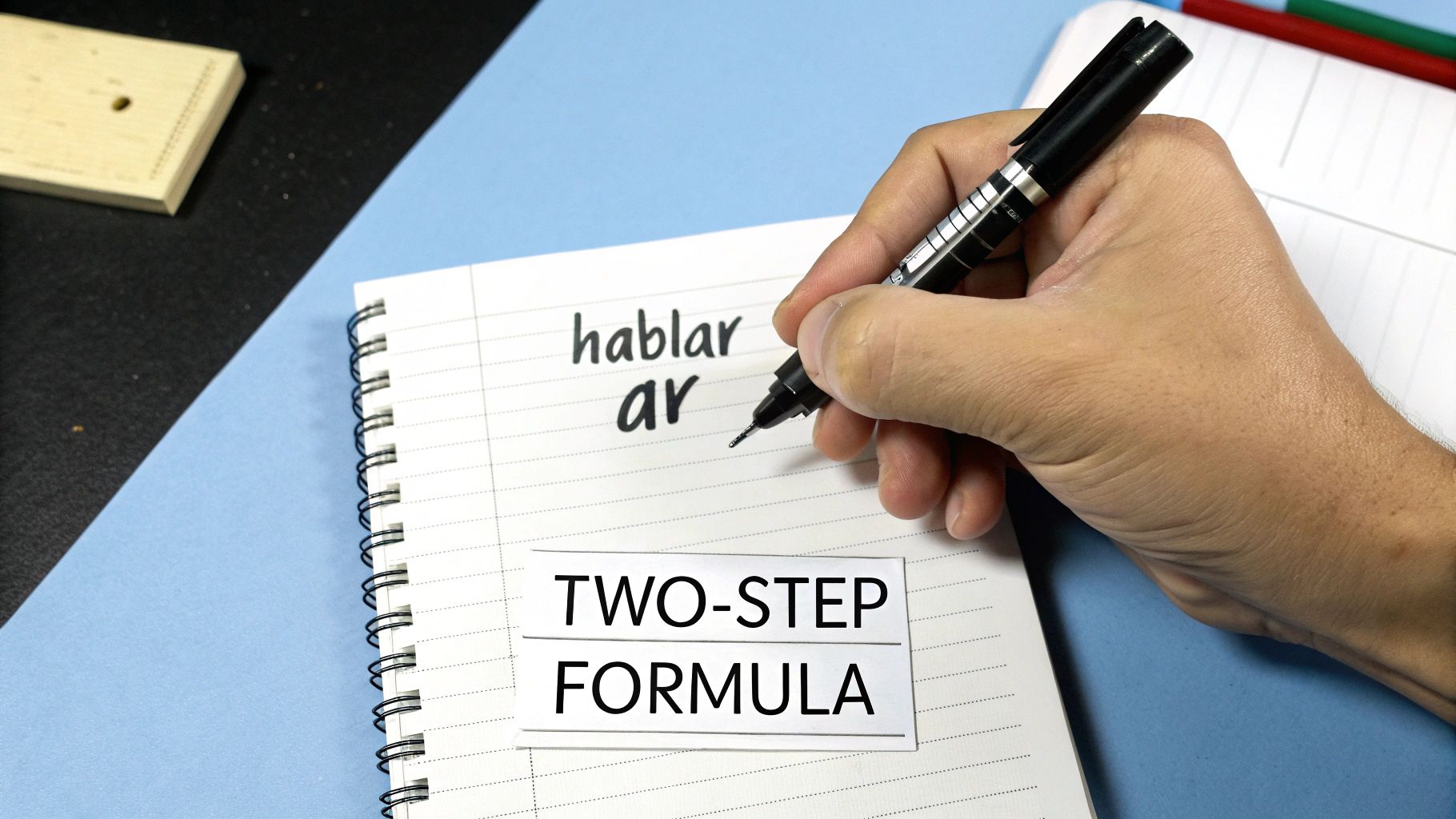 A hand writes "hablar ar" in a notebook, with a "TWO-STEP FORMULA" label, illustrating language learning.