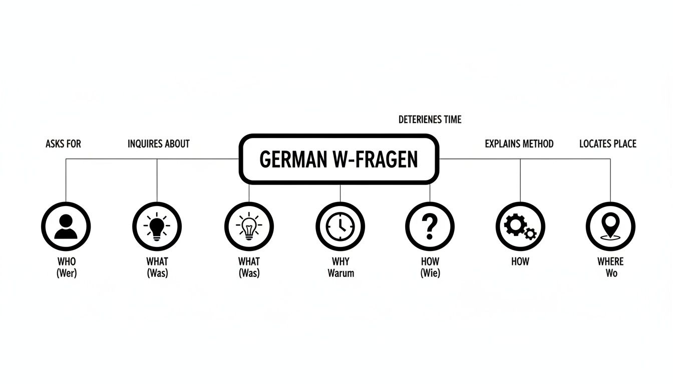 A diagram illustrating German W-Fragen (question words) and their meanings, including Who, What, Why, How, and Where.