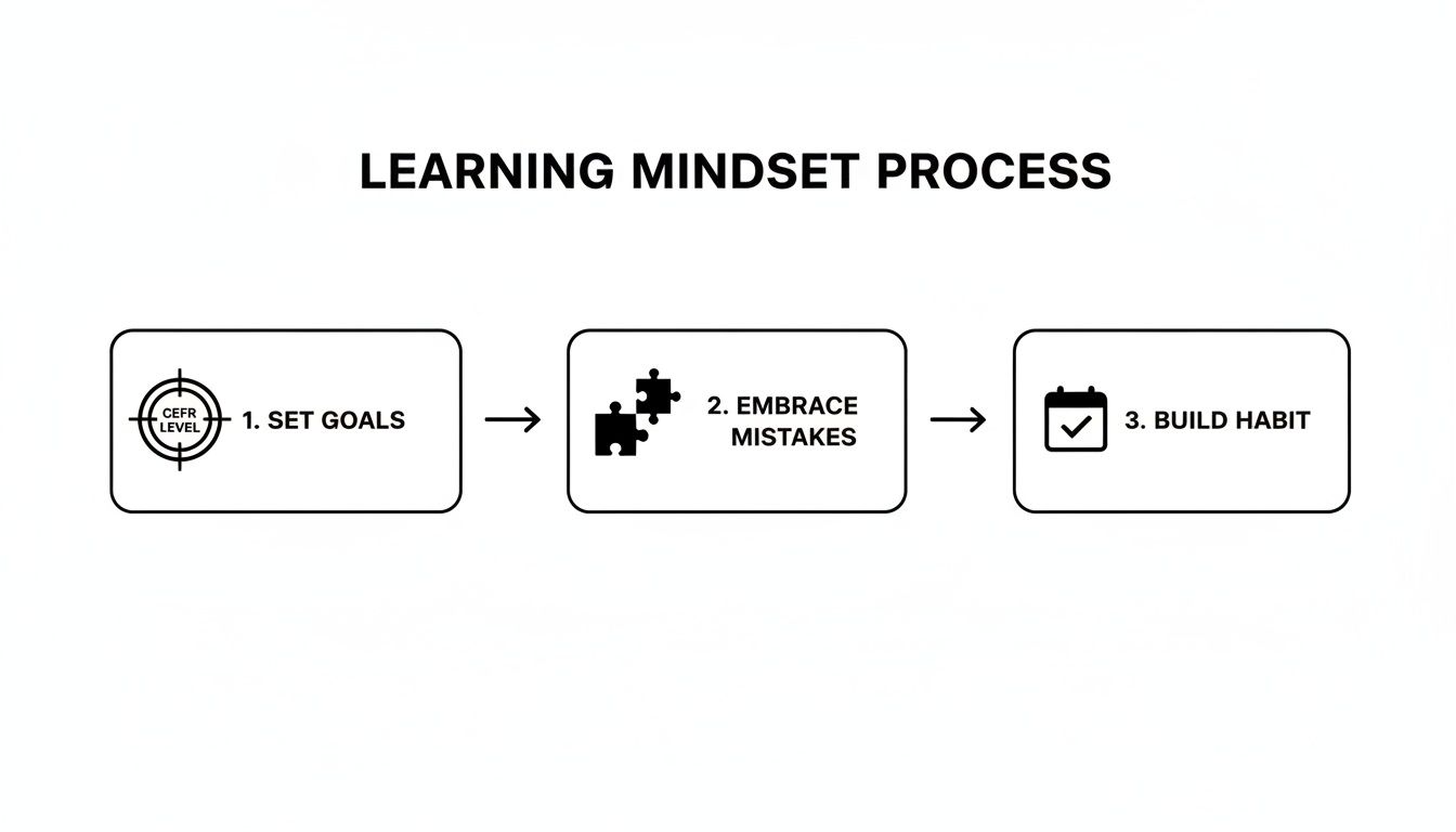 A diagram illustrating the three-step learning mindset process: set goals, embrace mistakes, and build habits.