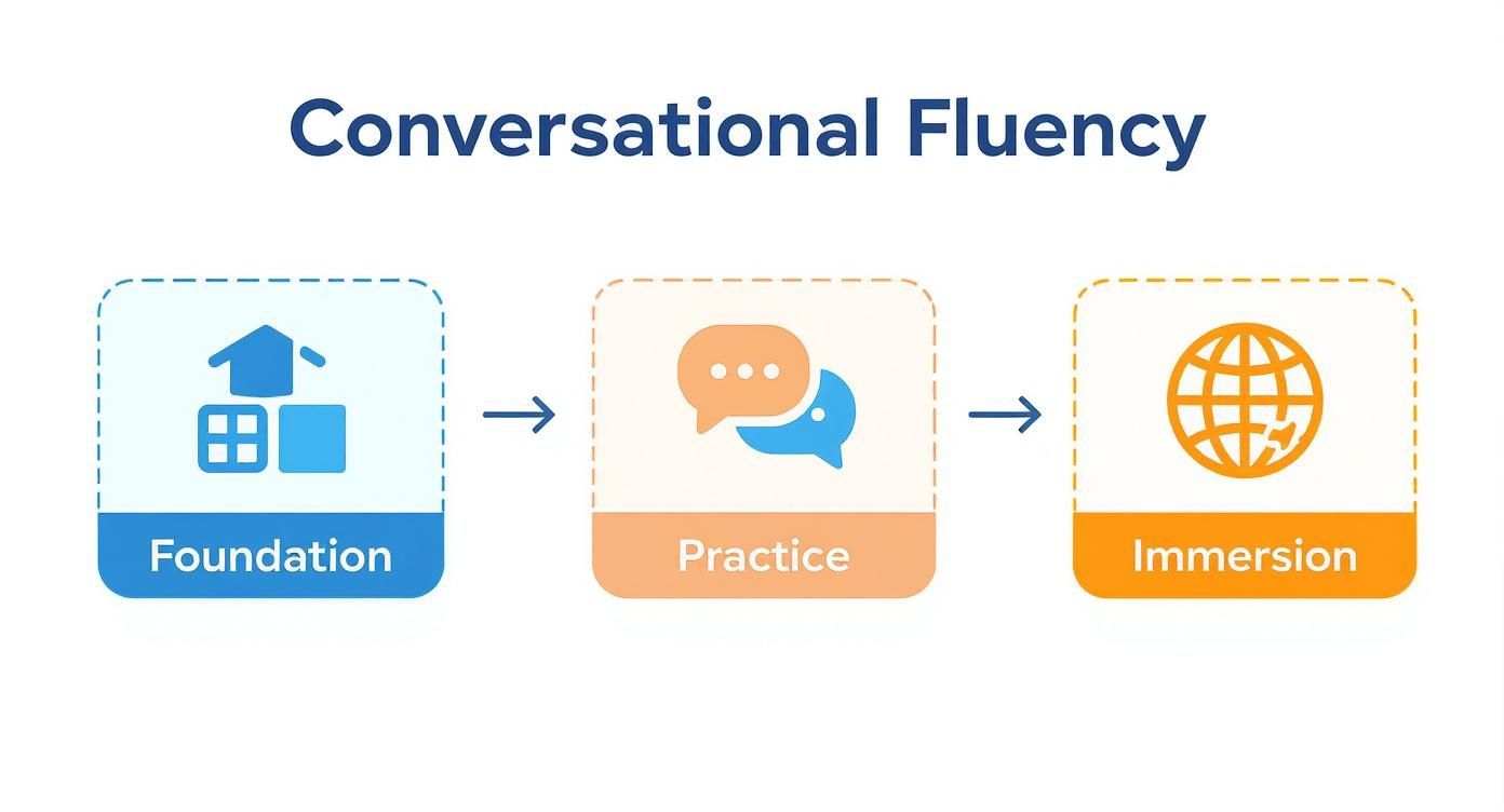 A diagram outlines three steps to conversational fluency: Foundation, Practice, and Immersion.