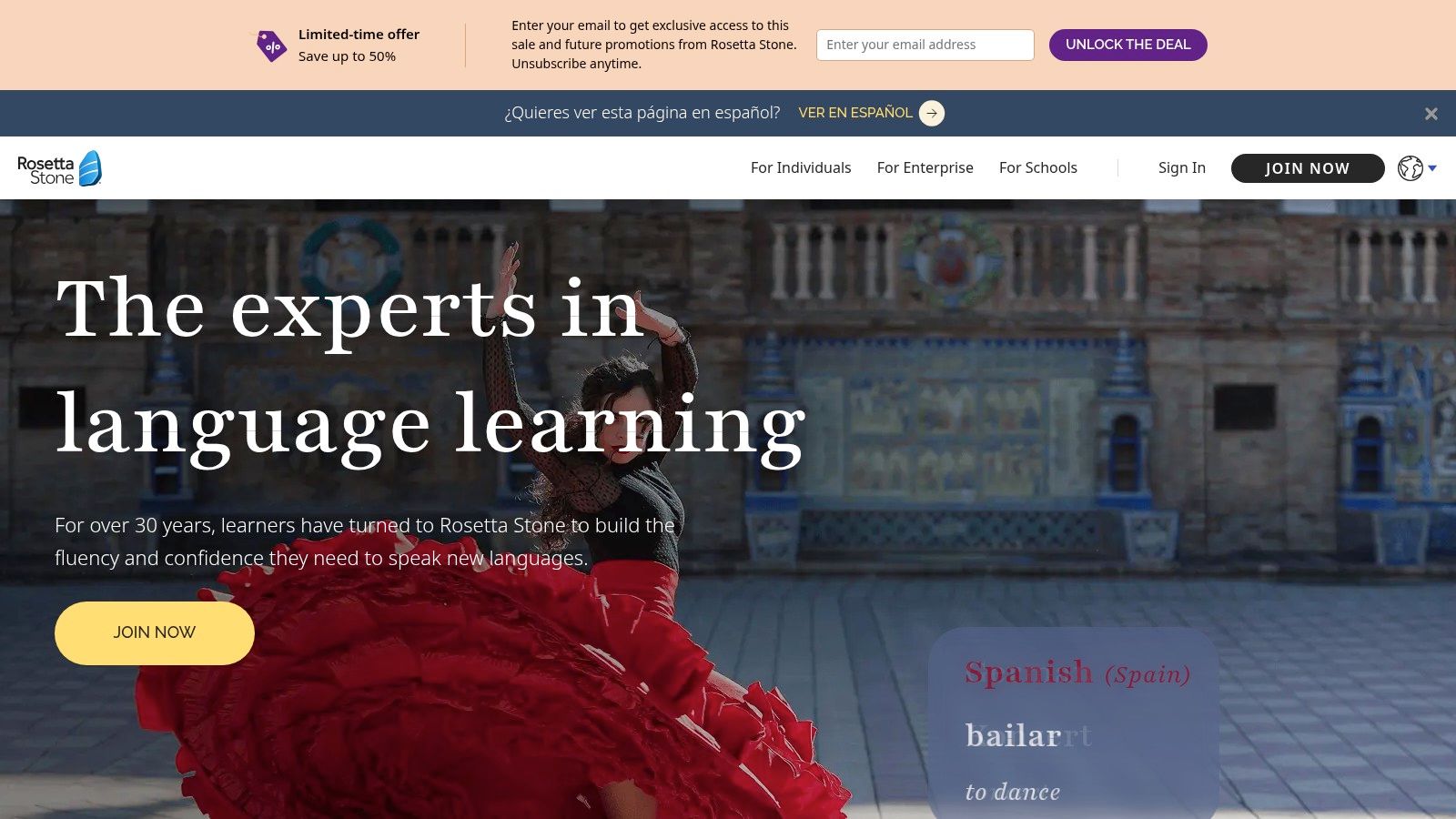 Rosetta Stone's immersive interface showing a Spanish dance lesson