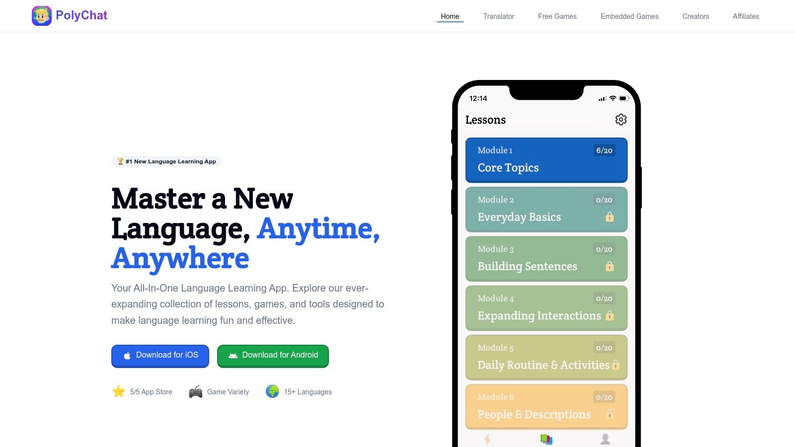 Polychat app interface showing different language learning modules