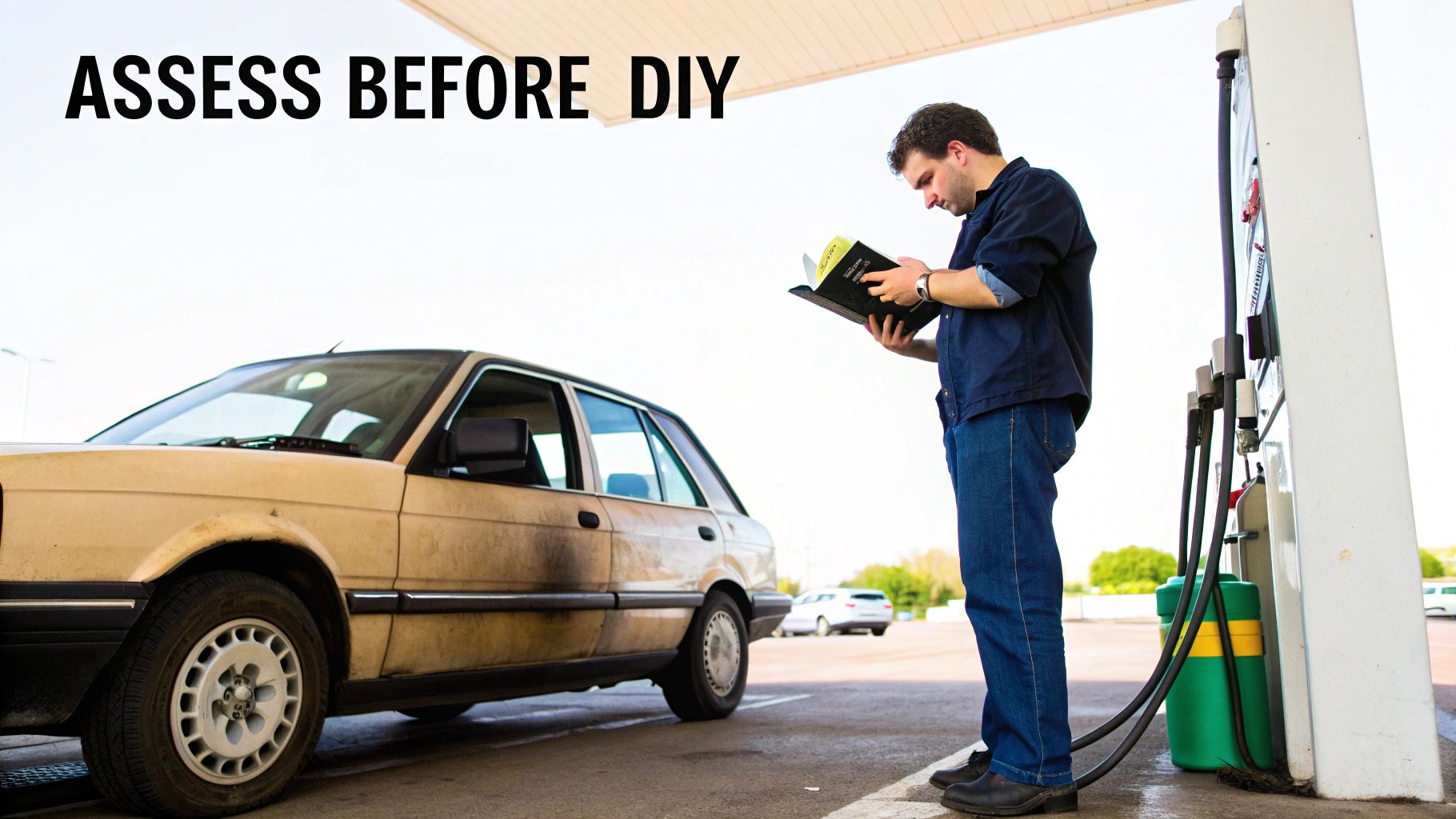 Man reading a manual next to a dirty car at a gas station, assessing before DIY.