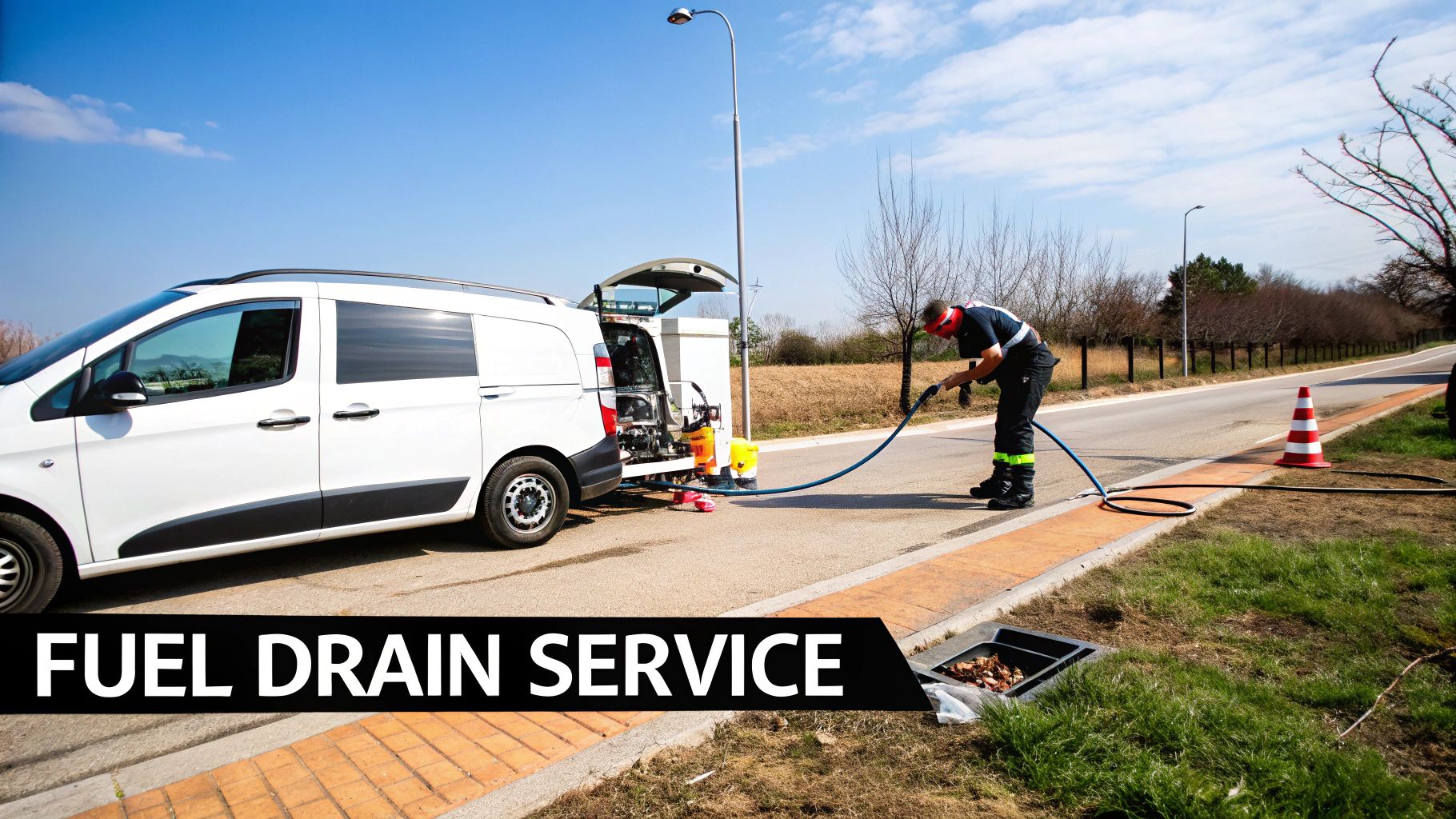 A technician performs a fuel drain service on a white van parked on the side of a road, with equipment visible.