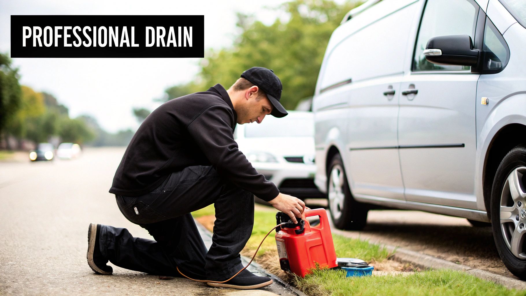 A professional service technician is kneeling on the roadside, draining fuel from a white van with a red container.
