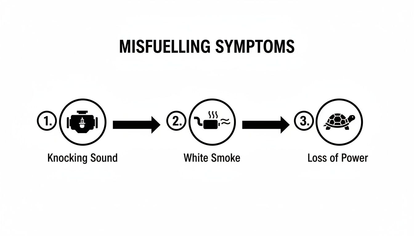 Visual guide showing three common misfuelling symptoms: knocking sound, white smoke, and loss of power.