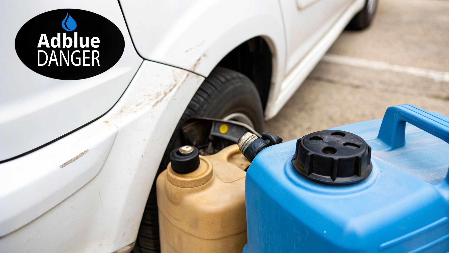 White car with an 'Adblue DANGER' sticker and two plastic liquid containers nearby, suggesting a fuel-related issue.