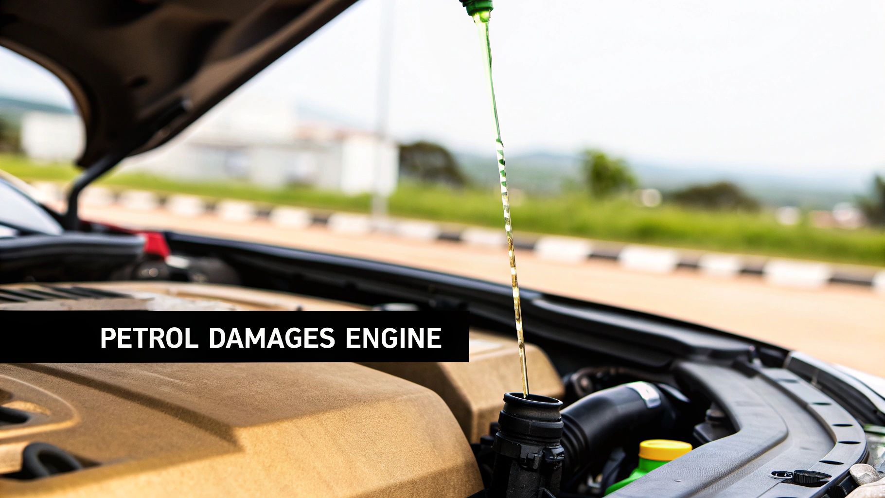 A person checks engine oil with a dipstick under the open hood of a car, with text 'PETROL DAMAGES ENGINE'.
