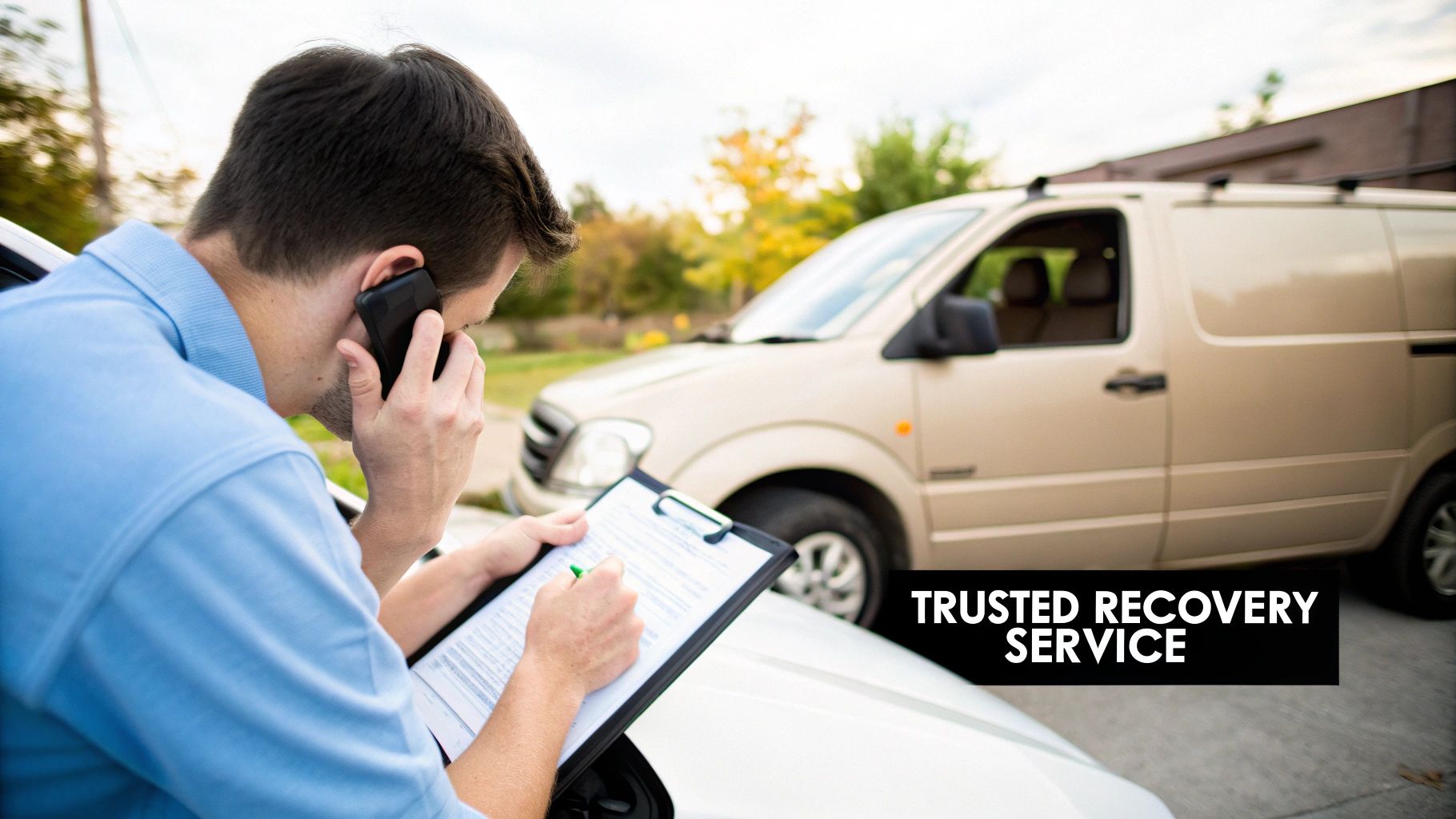 A recovery service agent on the phone and writing notes, with a recovery van nearby.