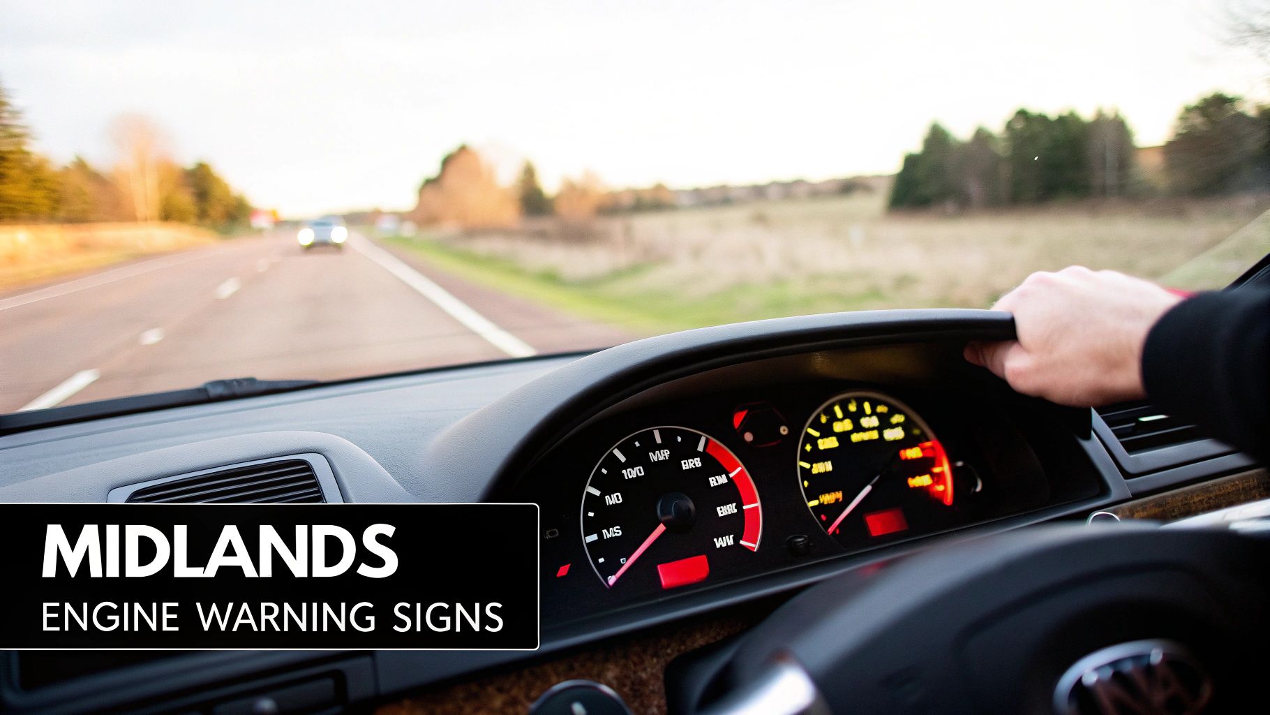 Driver's view from inside a car with dashboard, a road ahead, and text 'Midlands Engine Warning Signs'.