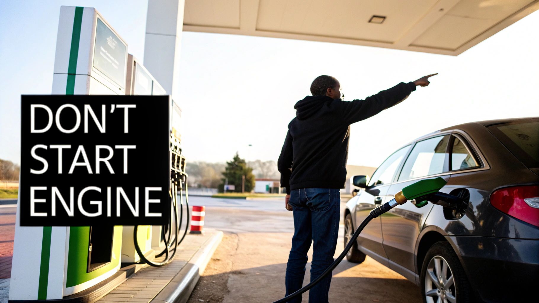 A man fueling his car at a gas station with a "DON'T START ENGINE" sign visible.